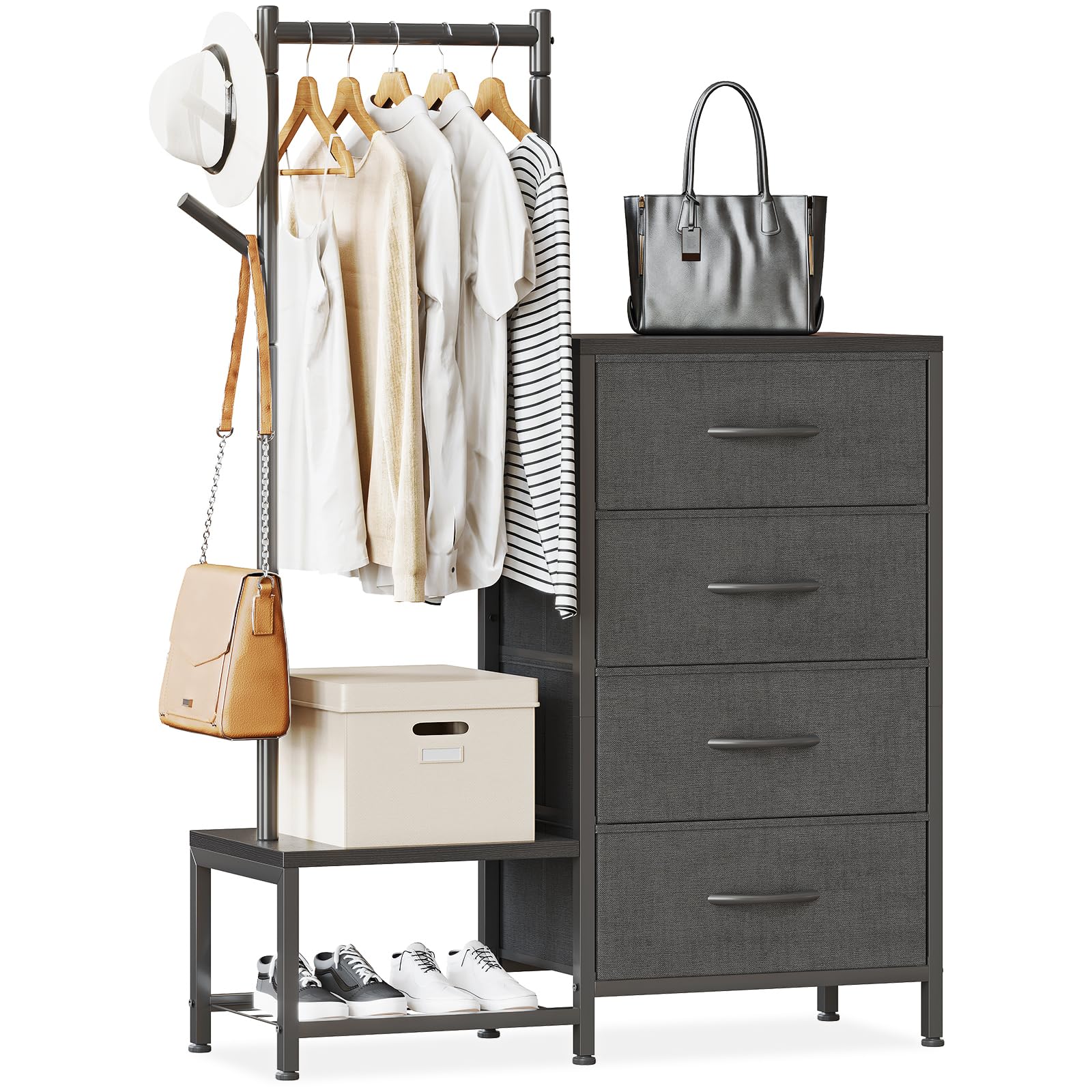 ODK 3 in 1 Chest of Drawers Bedroom, Including 4 Fabric Drawers, with a Sturdy Clothes Rail and 2 Coat Hooks, Double-layer Shoe Rack at the Bottom, Suitable for Bedroom and Entryway, Retro color