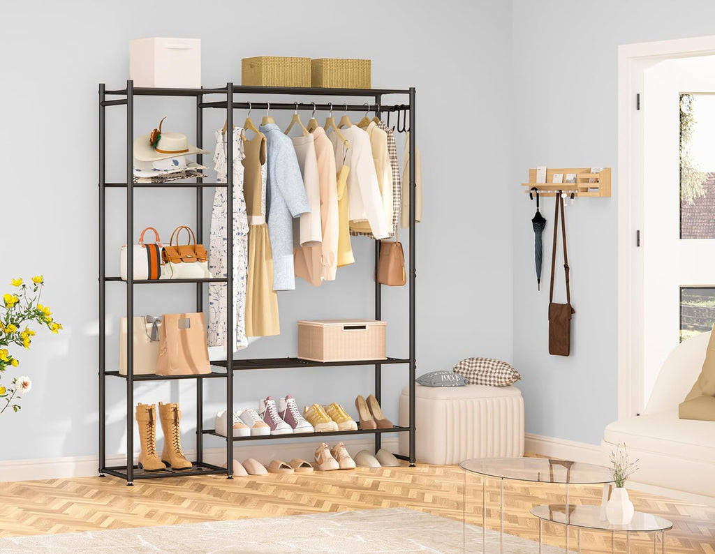 Neprock Clothes Rails for Bedroom, FreeStanding Open Wardrobe Closet with Hanging Rail, 4 Storage Shelves, 3 Hooks and 2 Bottom Shelves, Portable Metal Clothing Rack for Shoe and Clothes Storage,Black