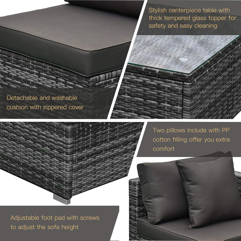 Outsunny 6 Pieces Rattan Garden Furniture Set, 5 Seater Sectional Garden Corner Sofa Set with Glass Top Coffee Table, Cushions and Pillows, All-Weather Wicker Conversation Furniture, Grey