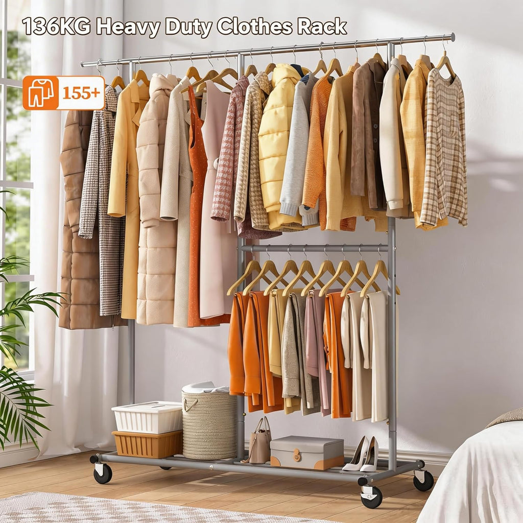 REIBII Double Rod Clothes Rail with Lockable Wheels & Adjustable Shelf – 136kg Heavy Duty Hanging Rack for Clothes– Telescopic Extends to 175cm – Space-Saving Storage for Bedroom, University Dorm