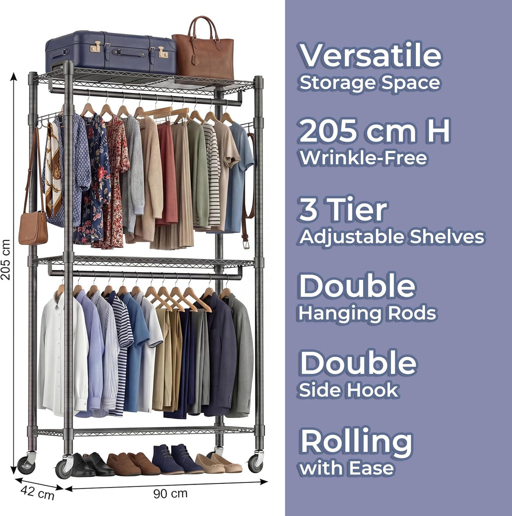 Himimi Double Rod Garment Rack/Clothes Rail with Height-Adjustable Shelves, Heavy Duty Clothes Rack with 2 Hooks, Clothes Rails with Wheels, 90 * 42 * 205cm, Black