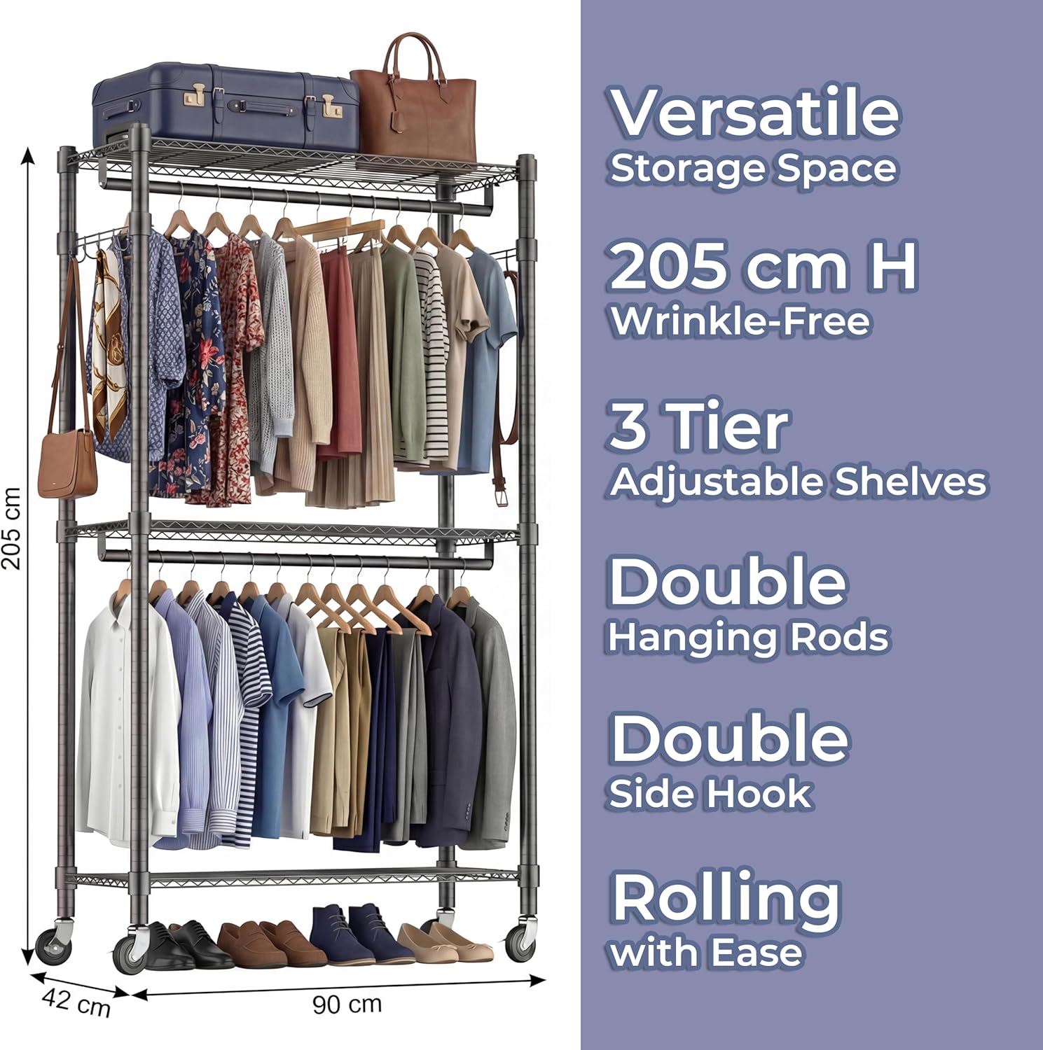 Himimi Double Rod Garment Rack/Clothes Rail with Height-Adjustable Shelves, Heavy Duty Clothes Rack with 2 Hooks, Clothes Rails with Wheels, 90 * 42 * 205cm, Black