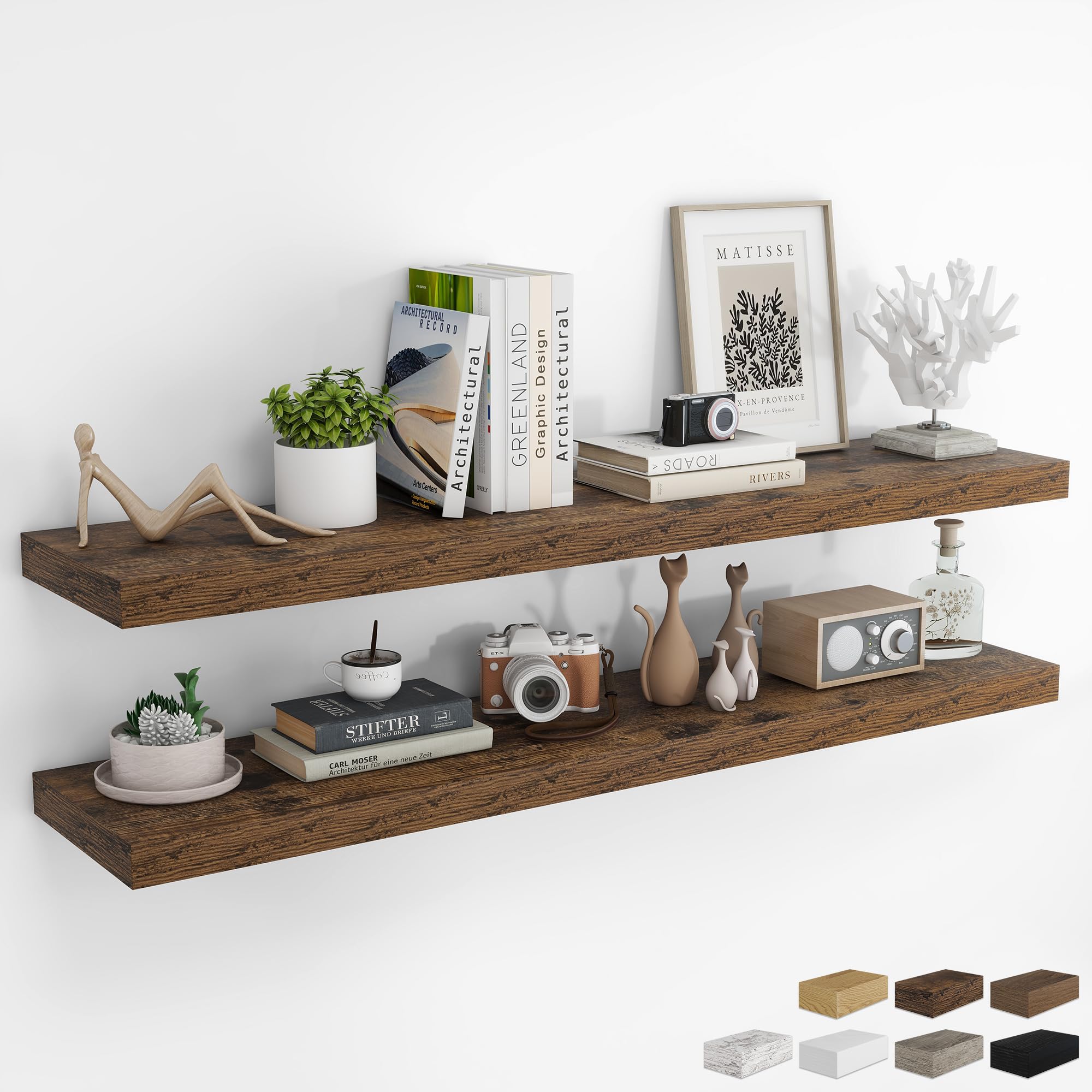 RICHFOCUS 24Inch Floating Shelves for Wall 2 Pack Shelves for Bedroom|Kitchen|Bathroom Wall Mounted Rustic Wood Floating Shelf with Invisible Brackets for Books|Storage|Decor, Oak