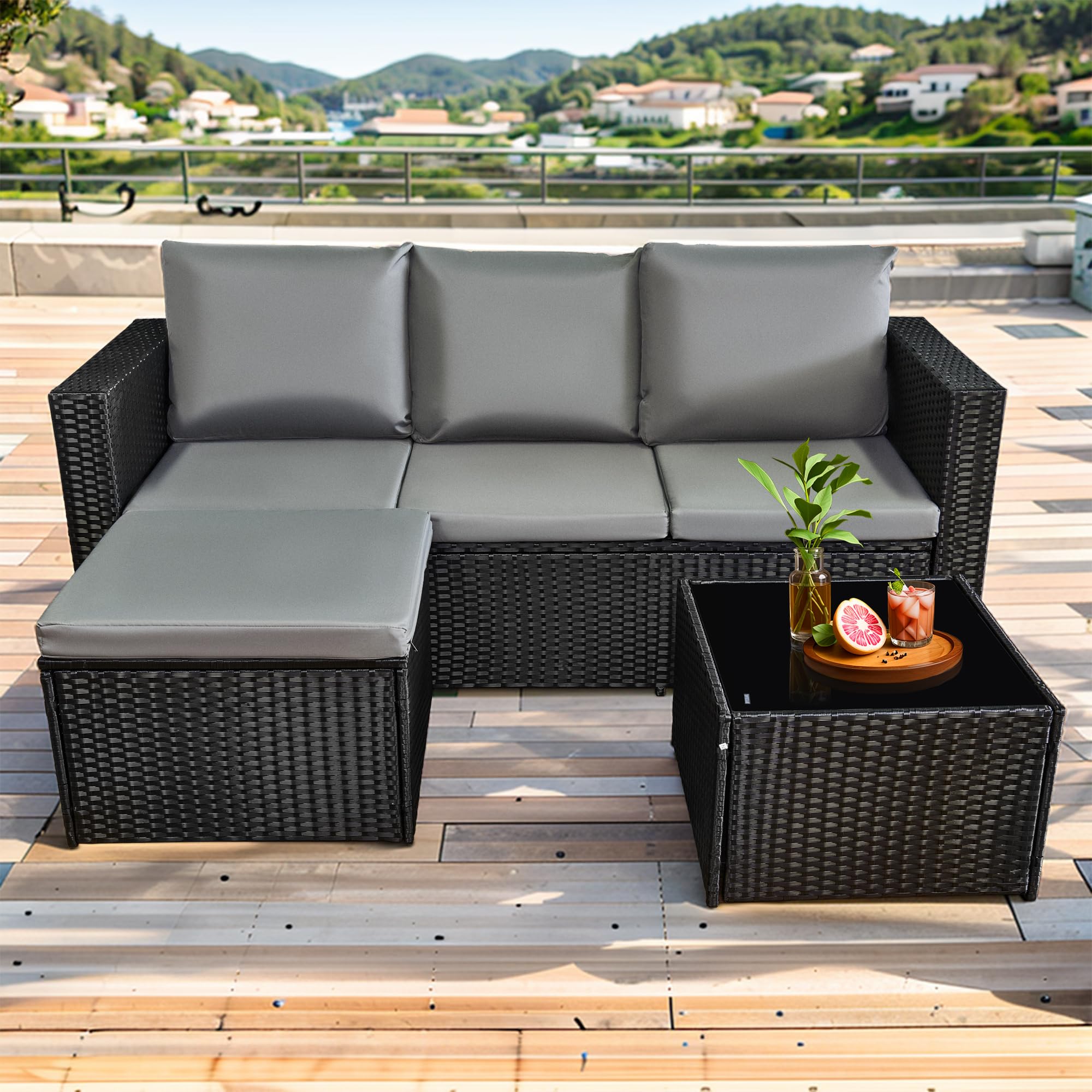 3-Piece Rattan Garden Furniture Set, Outdoor Sectional Sofa with Coffee Table, Black Wicker, White Cushions