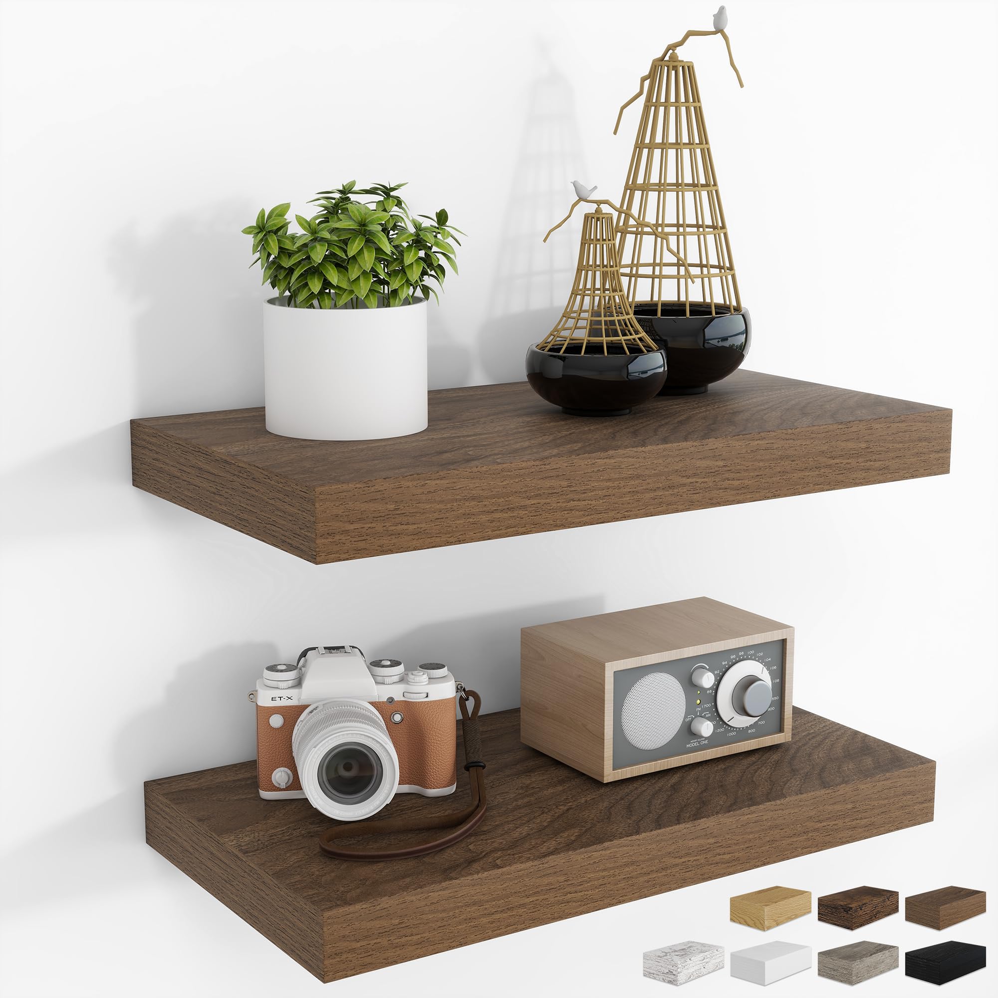 RICHFOCUS 24Inch Floating Shelves for Wall 2 Pack Shelves for Bedroom|Kitchen|Bathroom Wall Mounted Rustic Wood Floating Shelf with Invisible Brackets for Books|Storage|Decor, Oak