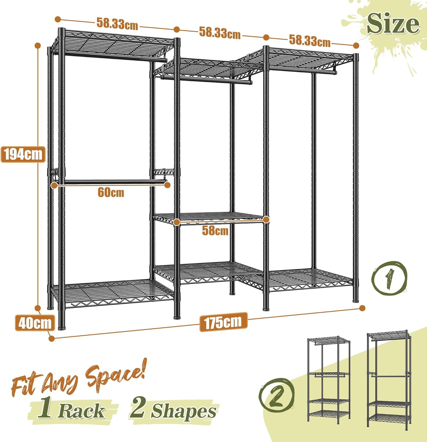 REIBII 380kg Strong Heavy Duty Clothes Rail, 194Hx175Wx40Dcm Freestanding Clothes Rail with 7 Sheves and 4 Adjustable Hanging Rods, Split-Type Design, 2-Mode Steel Clothes Rail for Bedroom Black