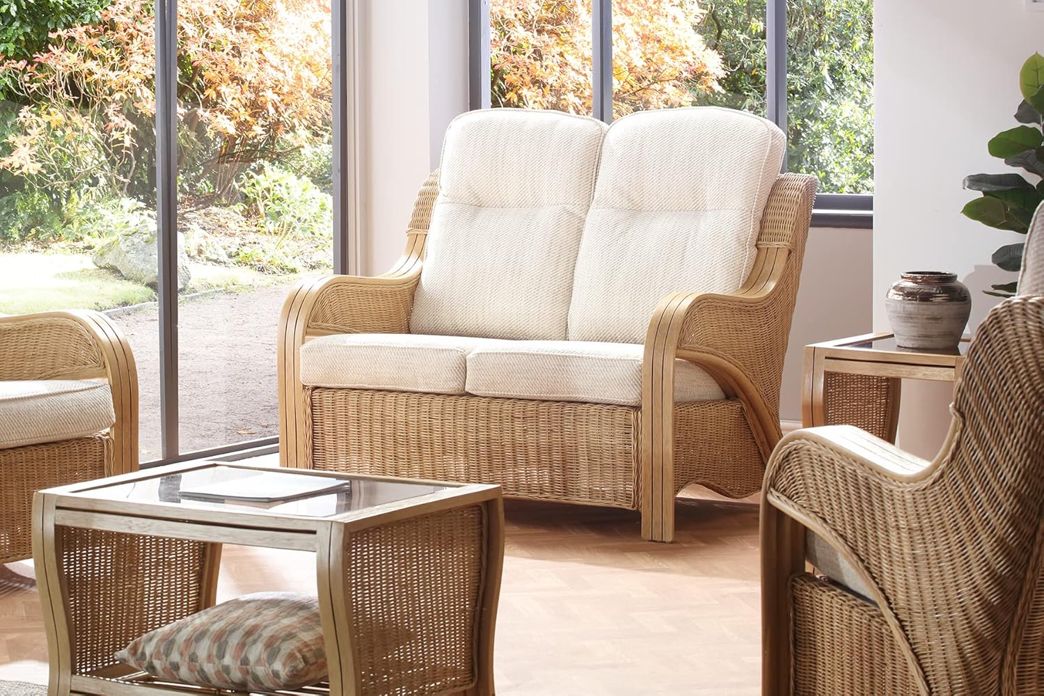 Desser Opera Light Oak Rattan Conservatory Sofa – Cane 2 Seater Sofa with Jasper Fabric Cushions – Indoor Real Wicker Settee with UK Made Cushions - H105cm x W126cm x D96cm