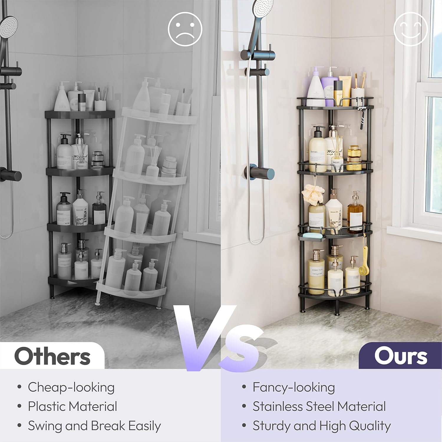 SWTYMIKI Corner Shower Caddy - 4 Tier Bathroom Shelf Organizer With 4 Hooks, Rust Free Standing With Soap Holder, Rack for Inside Bathroom Storage, Black