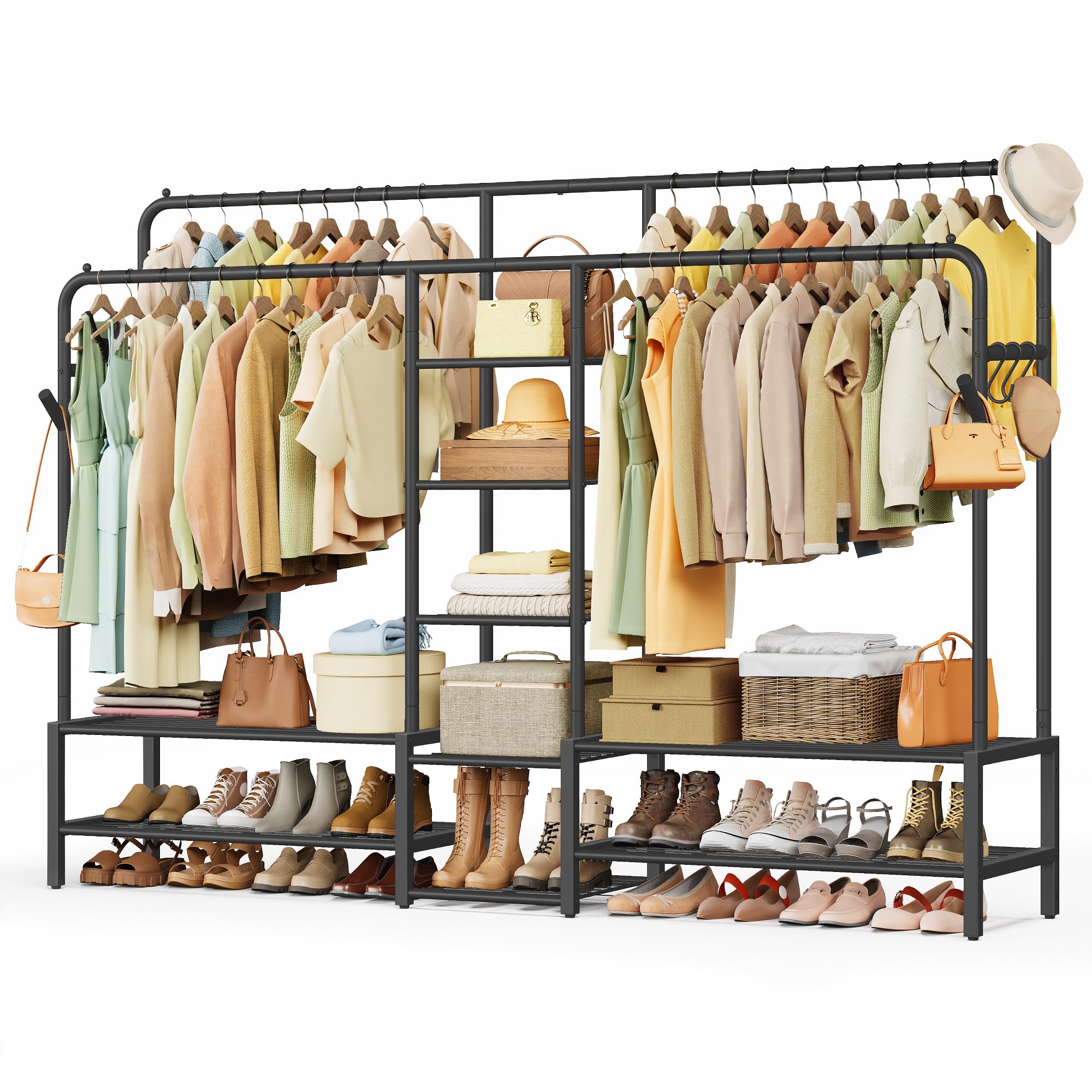 SONGMICS Clothes Rail, Heavy Duty Clothes Rack with 7 Storage Shelves, Double Hanging Rods, Metal Coat Rack, Open Wardrobe for Bedroom, Living Room, Hallway, Black HSR182B01