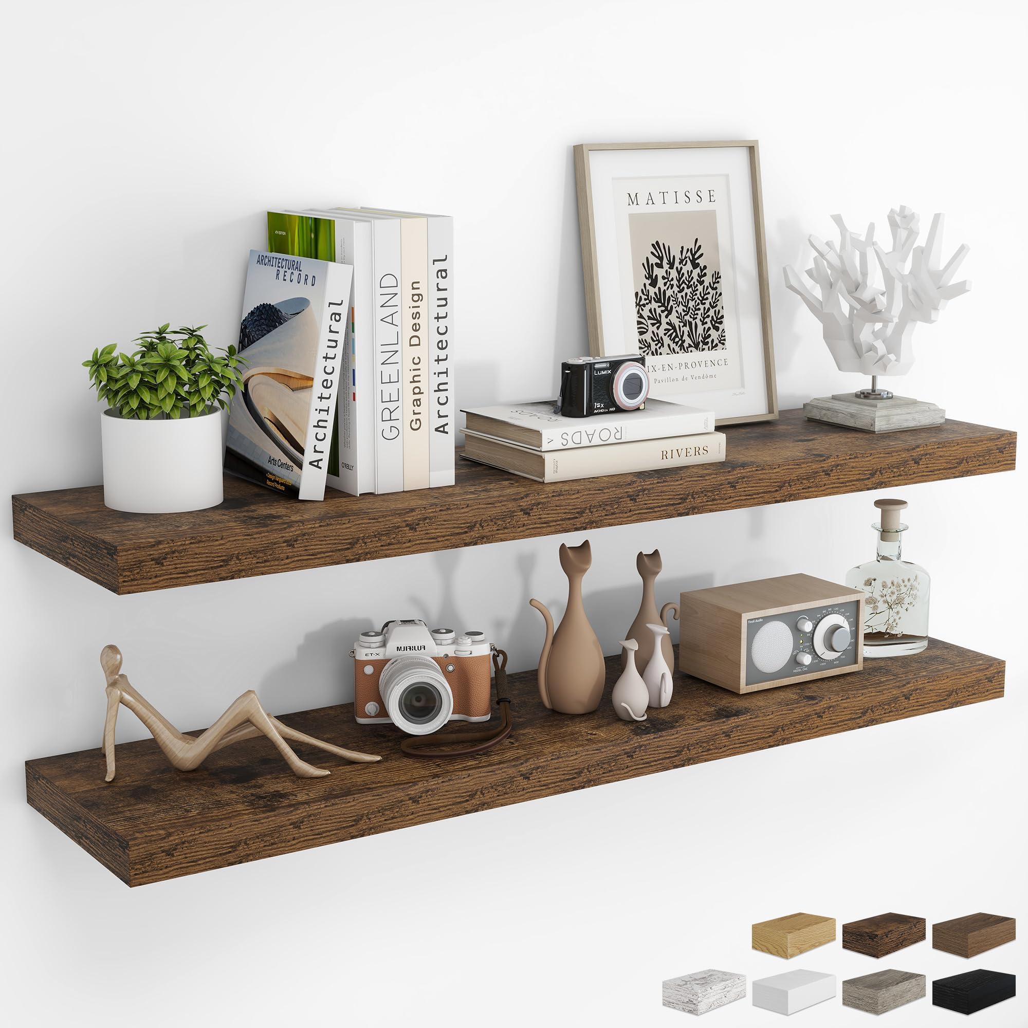RICHFOCUS 24Inch Floating Shelves for Wall 2 Pack Shelves for Bedroom|Kitchen|Bathroom Wall Mounted Rustic Wood Floating Shelf with Invisible Brackets for Books|Storage|Decor, Oak