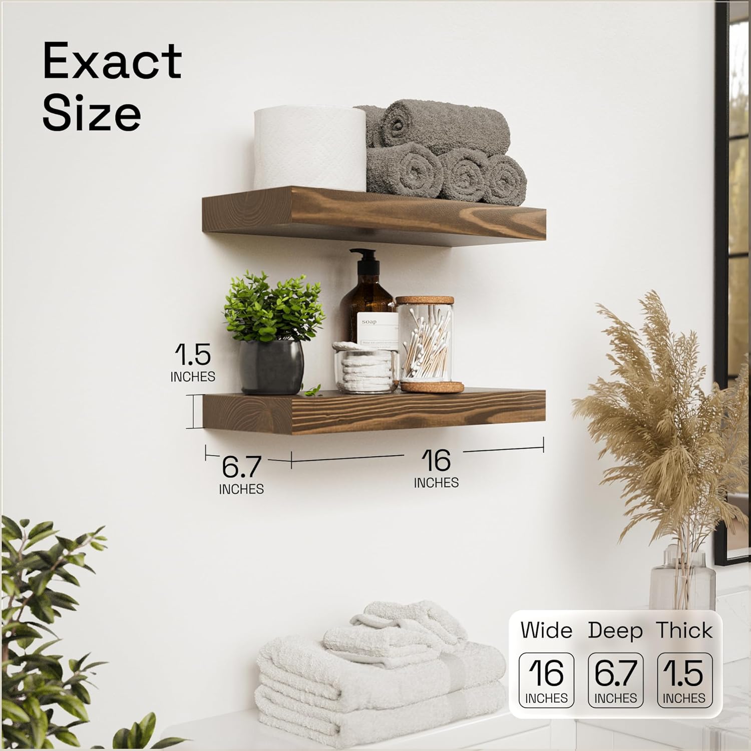 BAOBAB WORKSHOP Wood Floating Shelves for Wall Mounted, 16 inch Walnut Floating Shelf for Bathroom, Solid Wooden Wall Shelves for Kitchen Bedroom Farmhouse, Walnut Finish, 16 x 6.7, Set of 2