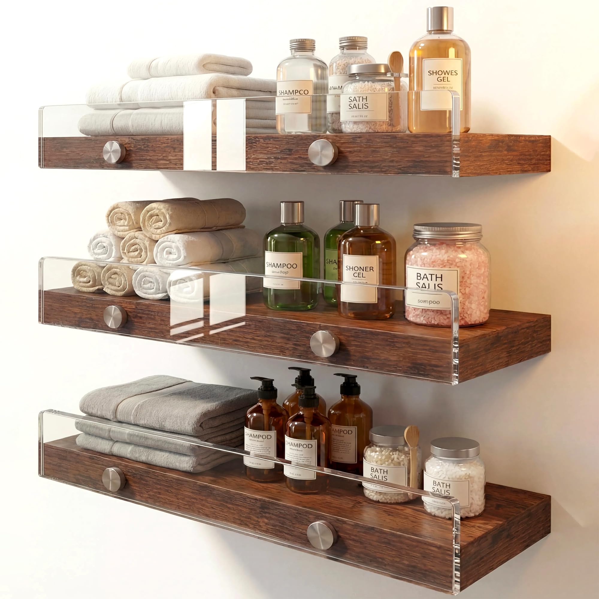 Wood Floating Shelves with Acrylic Front Lip, Rustic Shelf 15.7 inch, Floating Shelf for Wall Mounted Set of 3, Wide Wooden Wall Shelves for Living Room Bedroom Kitchen Bathroom, Brown, 15.7W x 5.8D
