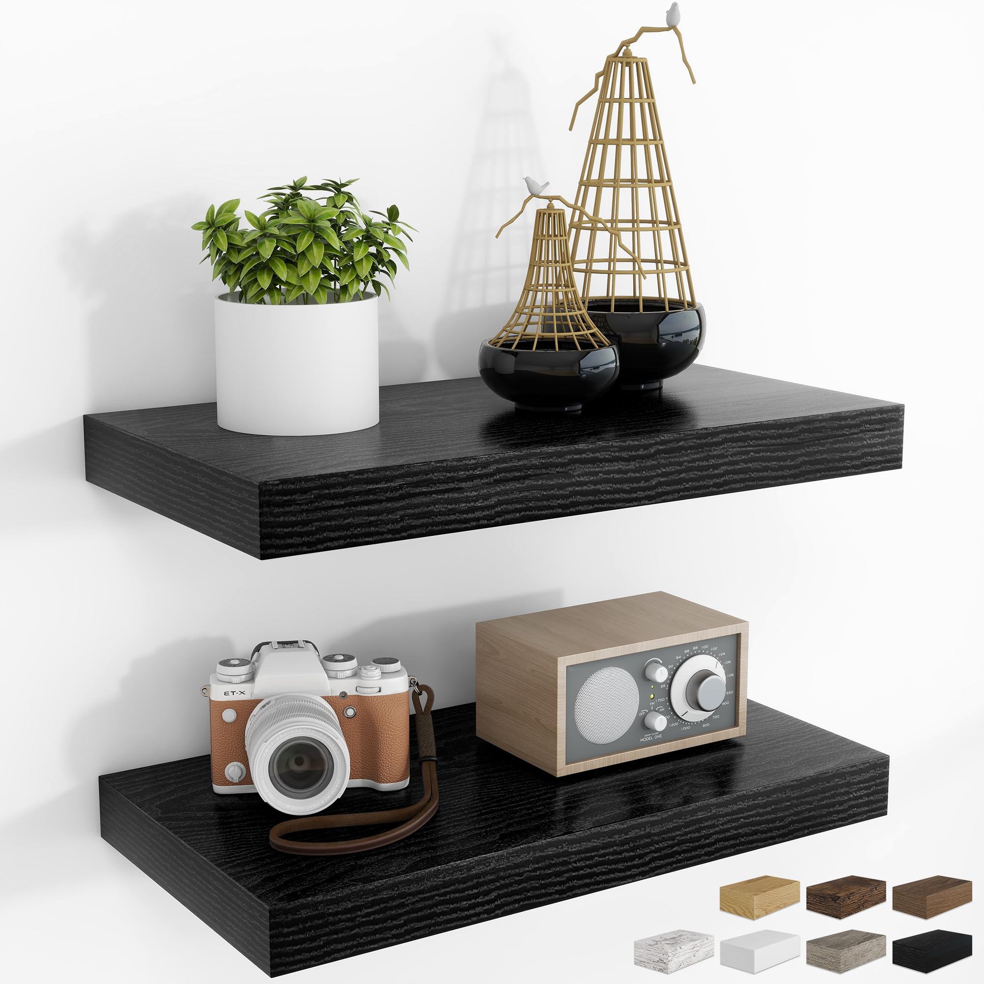RICHFOCUS 24Inch Floating Shelves for Wall 2 Pack Shelves for Bedroom|Kitchen|Bathroom Wall Mounted Rustic Wood Floating Shelf with Invisible Brackets for Books|Storage|Decor, Oak