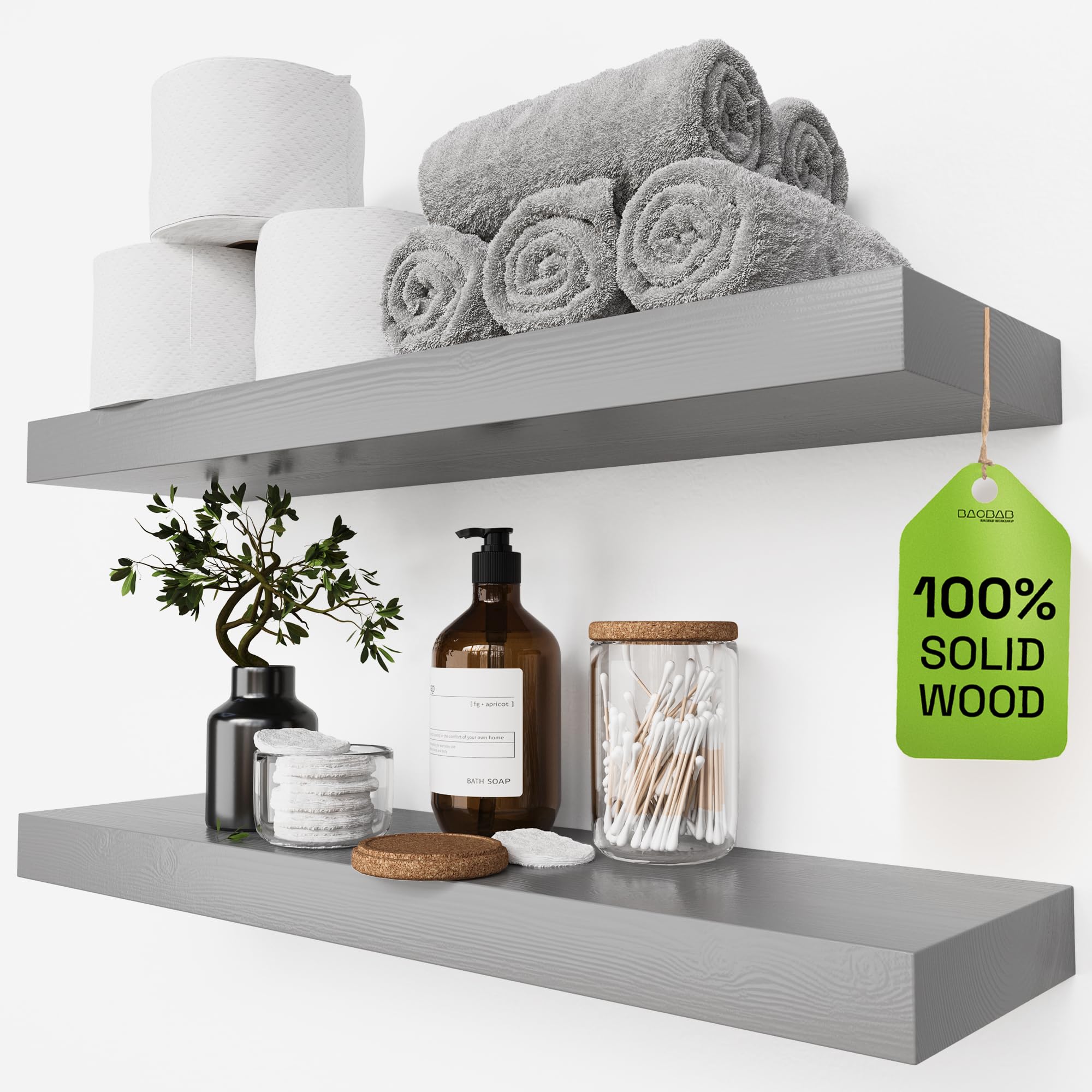 BAOBAB WORKSHOP Wood Floating Shelves for Wall Mounted, 16 inch Walnut Floating Shelf for Bathroom, Solid Wooden Wall Shelves for Kitchen Bedroom Farmhouse, Walnut Finish, 16 x 6.7, Set of 2