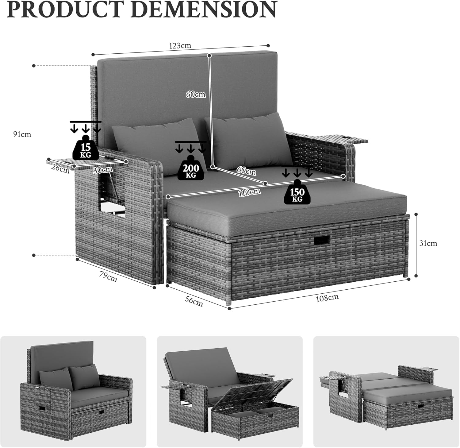 Amopatio Rattan Daybed Garden Furniture Set, Outdoor Loveseat Sofa with Storage Ottoman, Sunbed Sofa Set with Cushions/Adjustable Backrest/Retractable Trays for Balcony, Patio, Grey
