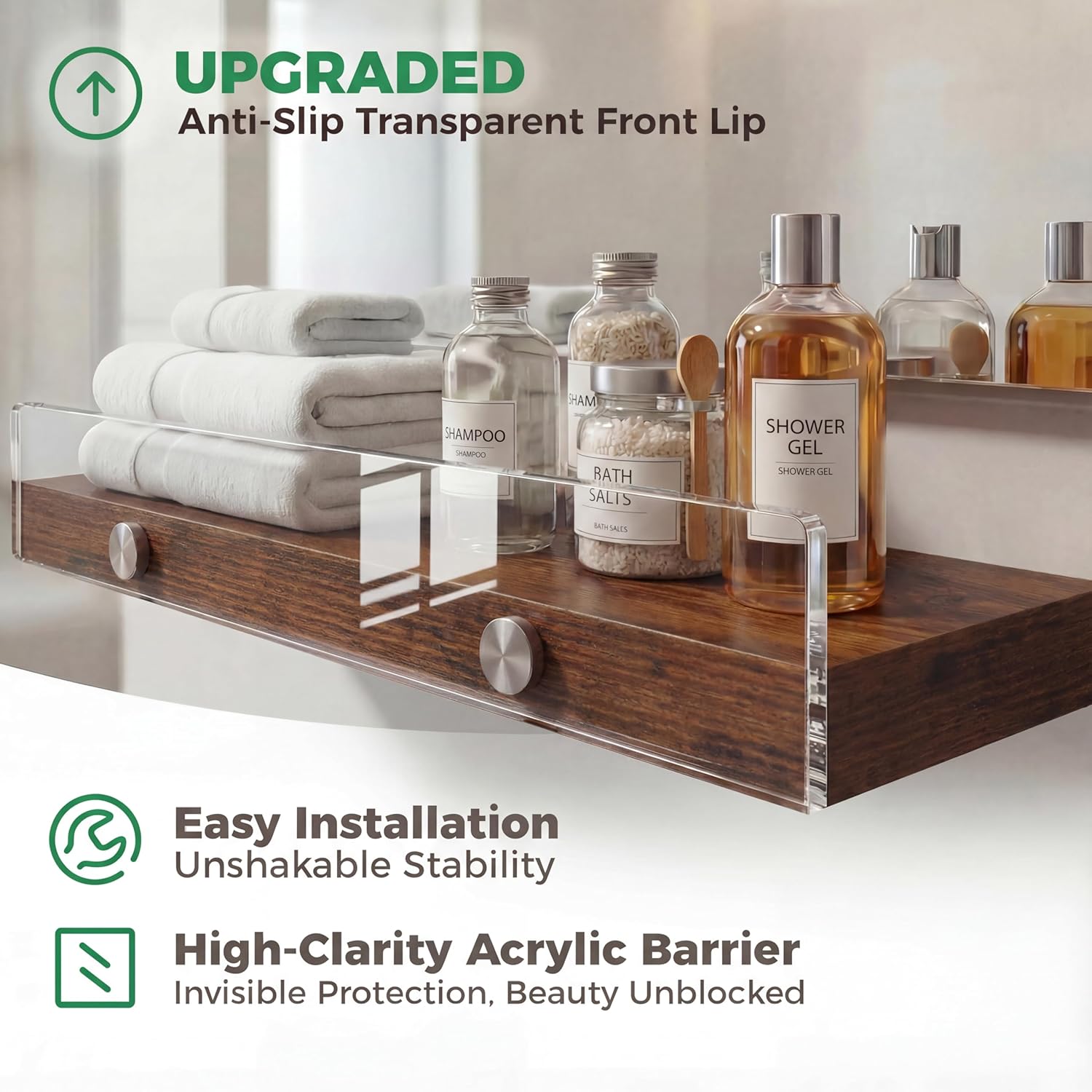 Wood Floating Shelves with Acrylic Front Lip, Rustic Shelf 15.7 inch, Floating Shelf for Wall Mounted Set of 3, Wide Wooden Wall Shelves for Living Room Bedroom Kitchen Bathroom, Brown, 15.7W x 5.8D