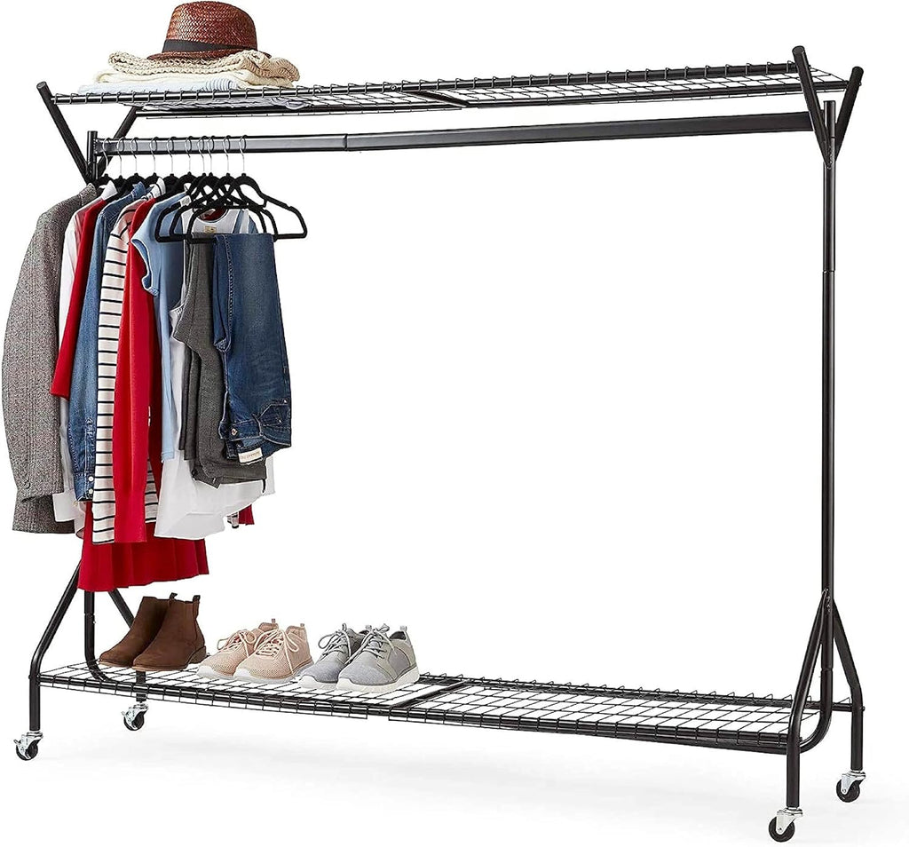 House of Home Clothes Rail Heavy Duty with Wheels Metal Wardrobe Rails For Hanging Clothing & Double Rack Shelves Storage & Organiser for Shirts, Coats, Hat & Shoes 6ft x 5ft Portable Black