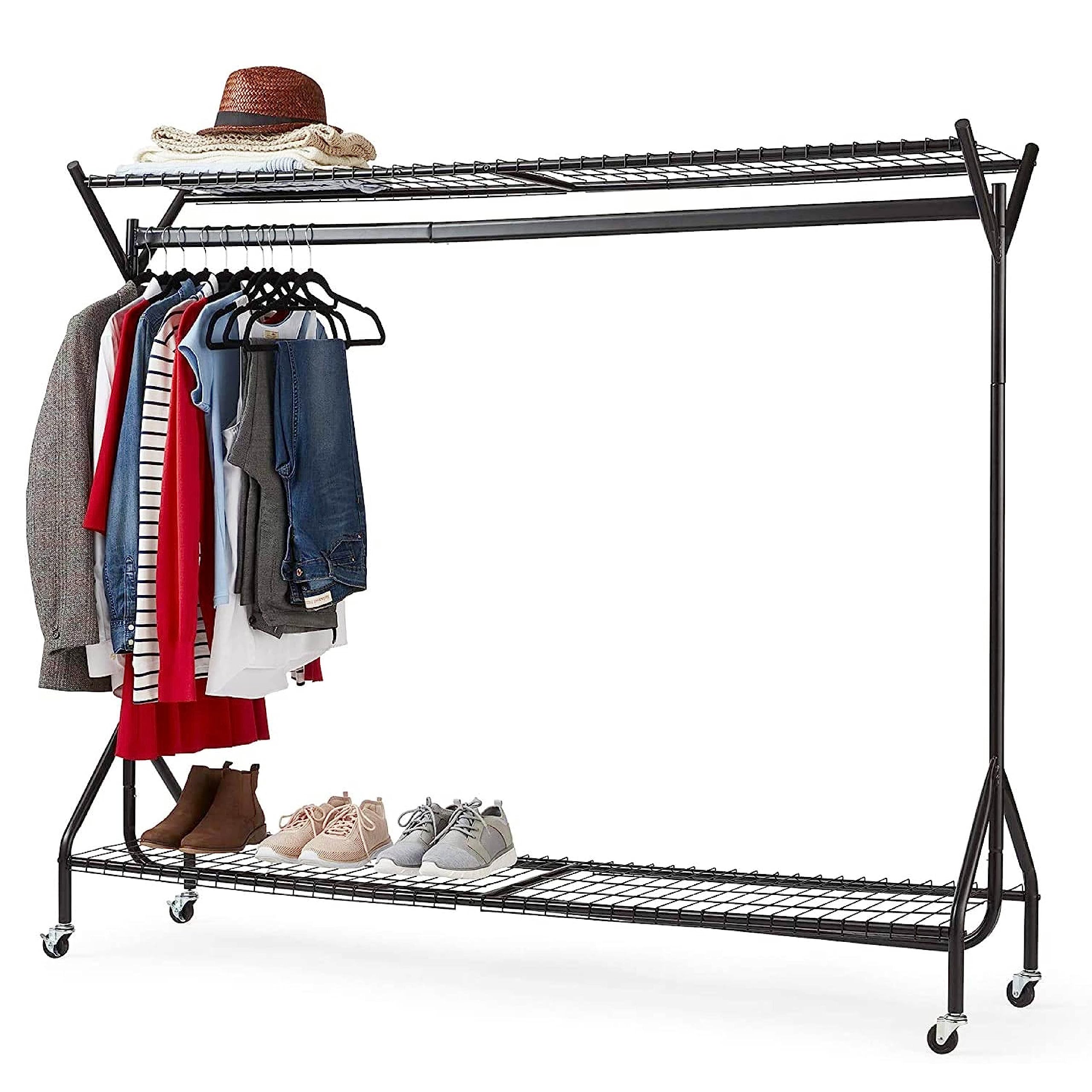 House of Home Clothes Rail Heavy Duty with Wheels Metal Wardrobe Rails For Hanging Clothing & Double Rack Shelves Storage & Organiser for Shirts, Coats, Hat & Shoes 6ft x 5ft Portable Black