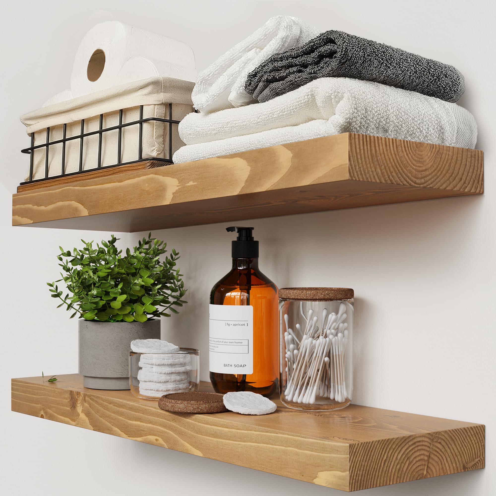 BAOBAB WORKSHOP Wood Floating Shelves for Wall Mounted, 16 inch Walnut Floating Shelf for Bathroom, Solid Wooden Wall Shelves for Kitchen Bedroom Farmhouse, Walnut Finish, 16 x 6.7, Set of 2