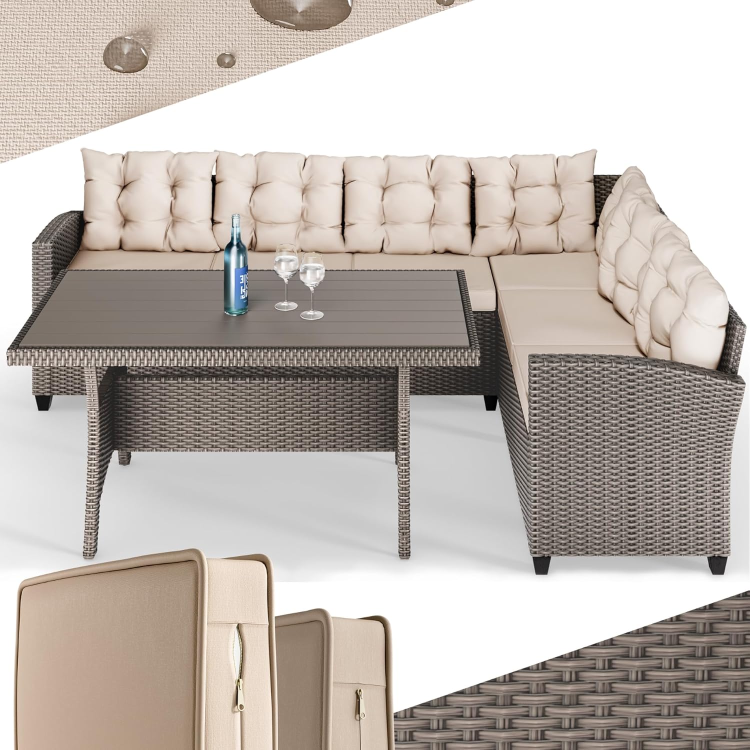 CASARIA® Lisbon Polyrattan Garden Corner Lounge Dining Table Set | Bench WPC Table Top 7cm Thick Seat Cushions | Weatherproof Outdoor Patio Seating Group Garden Furniture | Cream