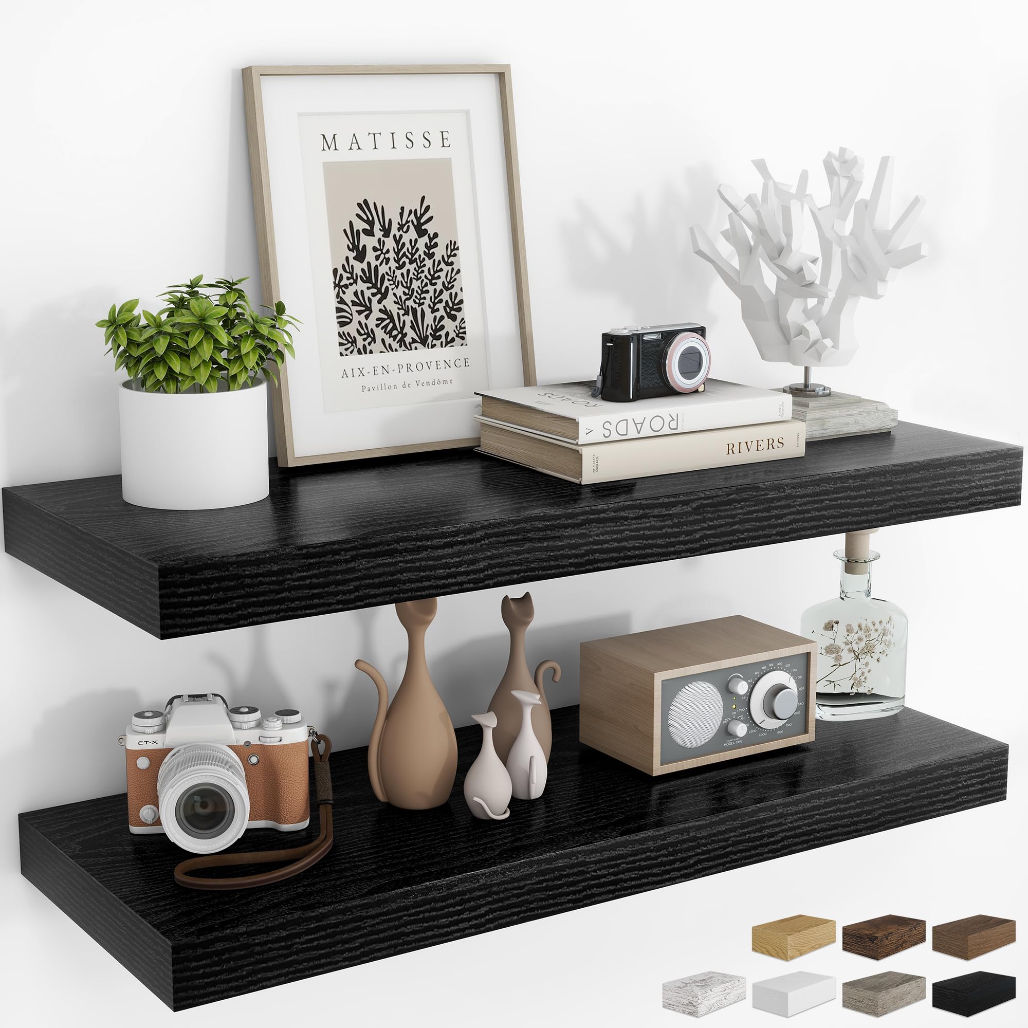 RICHFOCUS 24Inch Floating Shelves for Wall 2 Pack Shelves for Bedroom|Kitchen|Bathroom Wall Mounted Rustic Wood Floating Shelf with Invisible Brackets for Books|Storage|Decor, Oak