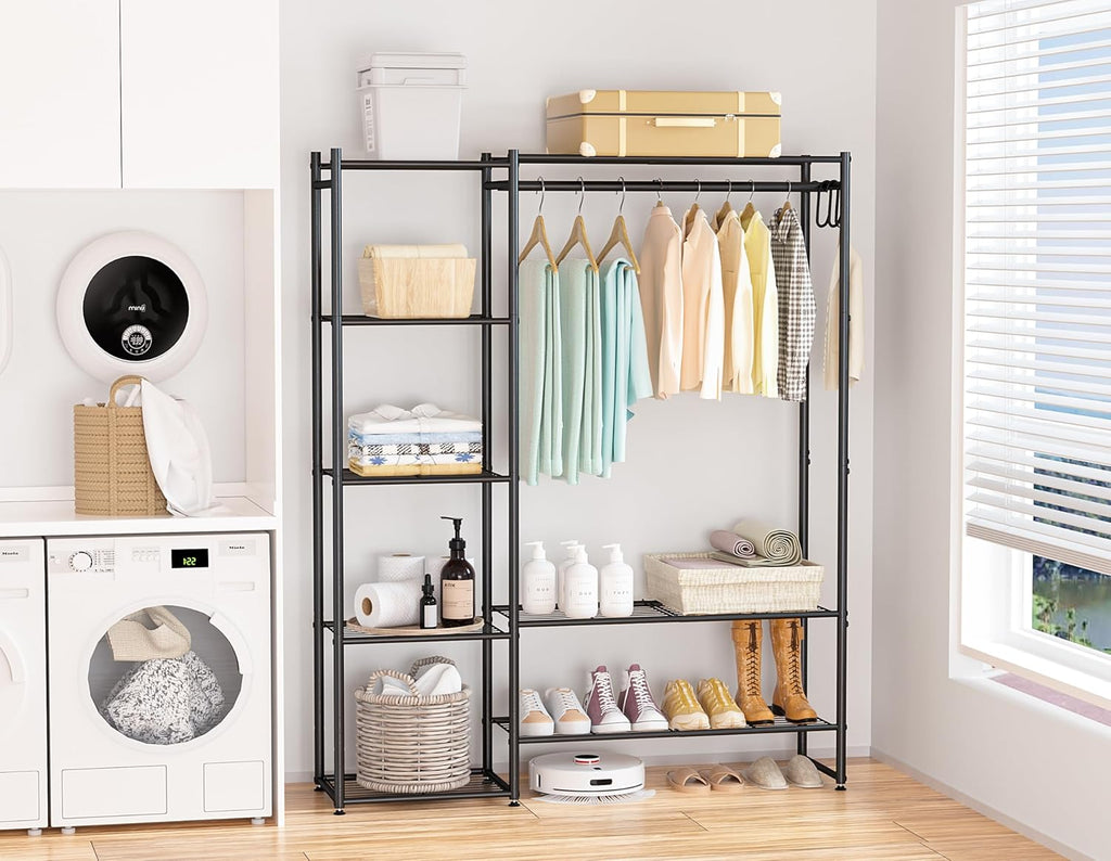 Neprock Clothes Rails for Bedroom, FreeStanding Open Wardrobe Closet with Hanging Rail, 4 Storage Shelves, 3 Hooks and 2 Bottom Shelves, Portable Metal Clothing Rack for Shoe and Clothes Storage,Black