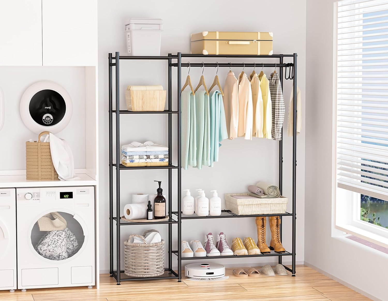 Neprock Clothes Rails for Bedroom, FreeStanding Open Wardrobe Closet with Hanging Rail, 4 Storage Shelves, 3 Hooks and 2 Bottom Shelves, Portable Metal Clothing Rack for Shoe and Clothes Storage,Black