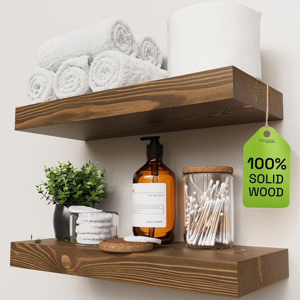 BAOBAB WORKSHOP Wood Floating Shelves for Wall Mounted, 16 inch Walnut Floating Shelf for Bathroom, Solid Wooden Wall Shelves for Kitchen Bedroom Farmhouse, Walnut Finish, 16 x 6.7, Set of 2
