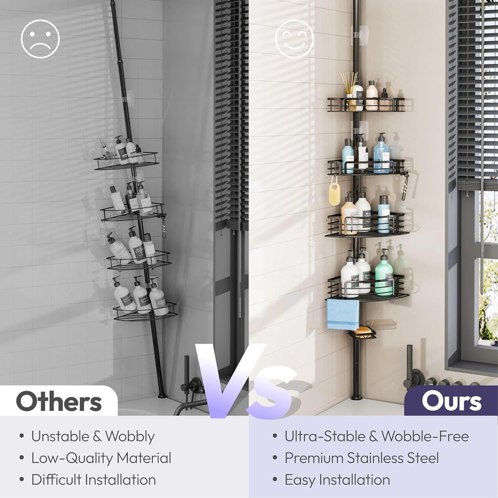 SWTYMIKI Telescopic Shower Caddy Corner - Rustproof Shower Corner Shelves with Towel Bar & Soap Holder, Adjustable No Drilling Tension Pole Shower Caddy for Bathroom With 4 Baskets, 27.6-108.3 inch