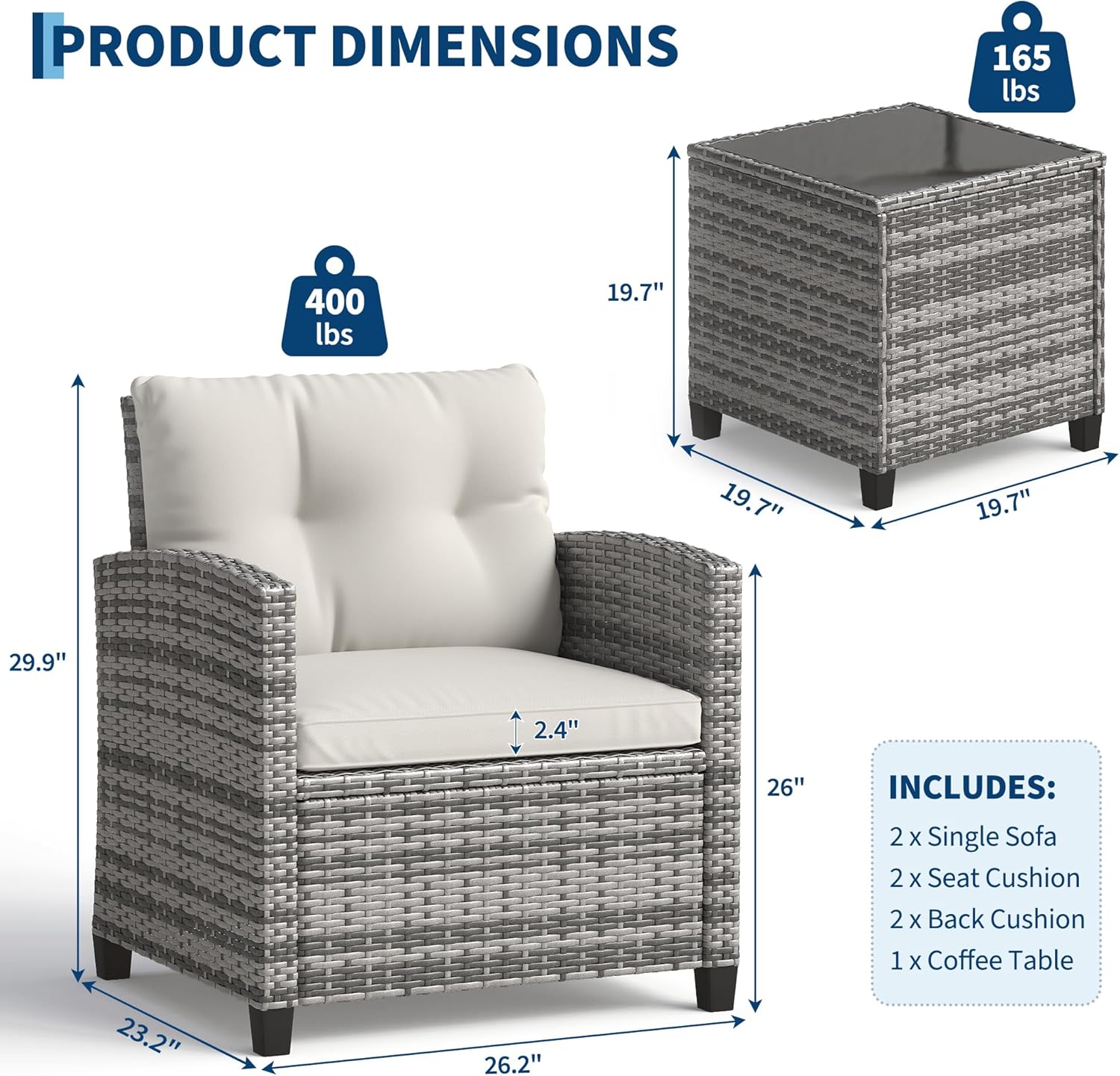 Garvee 3 Pieces Rattan Bistro Set, Wicker Garden Furniture Set with Coffee Table and 2 Chairs, Washable Cushions, Water Resistant, Outdoor Table & Chair Set for Outdoor Backyard, Patio, Balcony, Grey