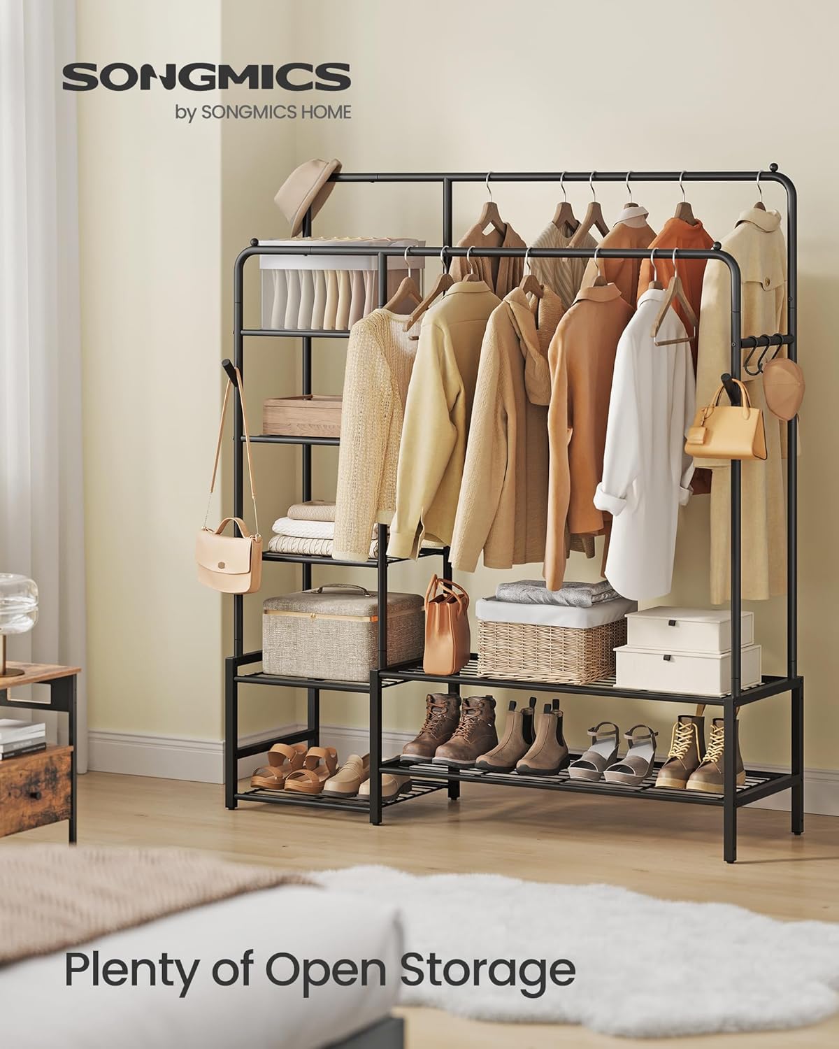 SONGMICS Clothes Rail, Heavy Duty Clothes Rack with 7 Storage Shelves, Double Hanging Rods, Metal Coat Rack, Open Wardrobe for Bedroom, Living Room, Hallway, Black HSR182B01