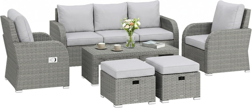 Outsunny 7 Seater Rattan Garden Furniture Set, 2 Reclining Chairs, 3 Seater Sofa, Coffee Table, Footstools, Space-Saving 6 Piece Outdoor Patio Furniture Conversation Set with Cushions, Light Grey