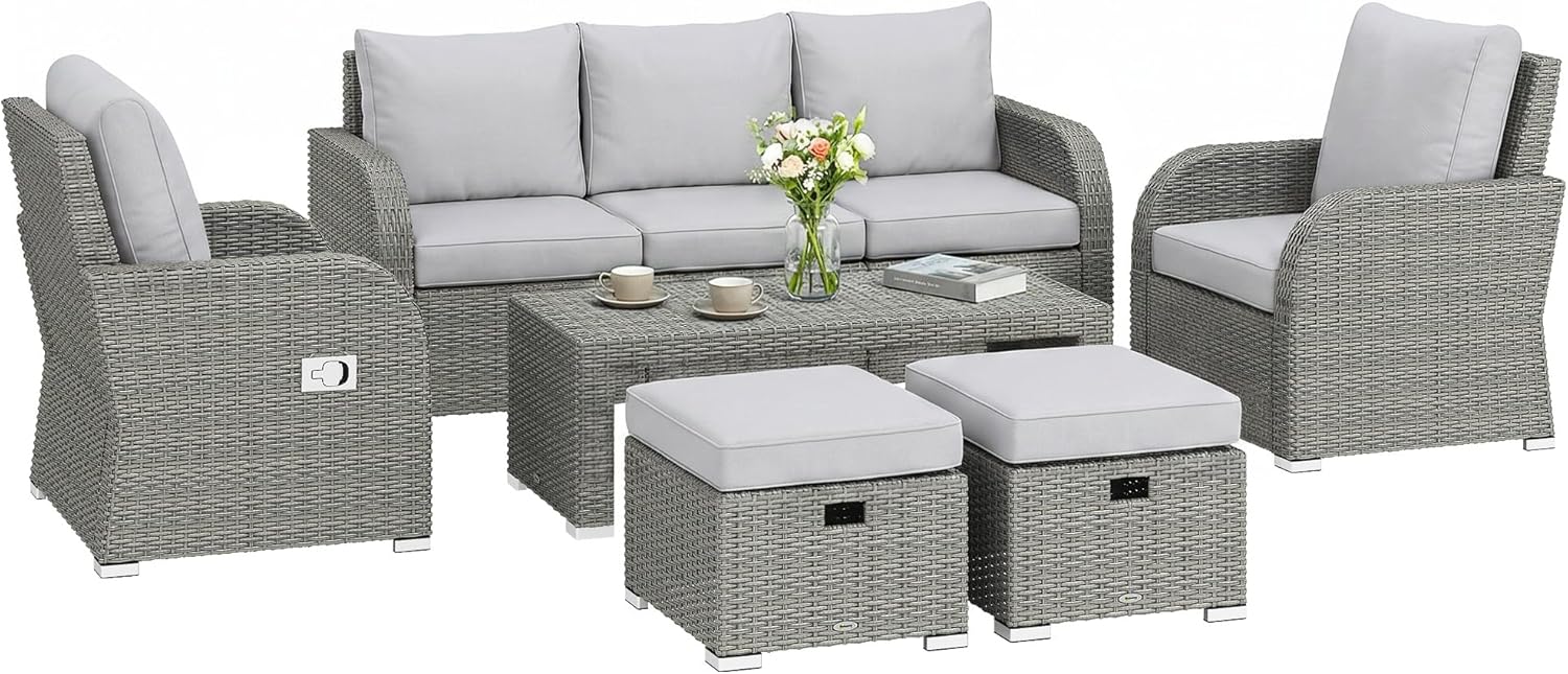 Outsunny 7 Seater Rattan Garden Furniture Set, 2 Reclining Chairs, 3 Seater Sofa, Coffee Table, Footstools, Space-Saving 6 Piece Outdoor Patio Furniture Conversation Set with Cushions, Light Grey