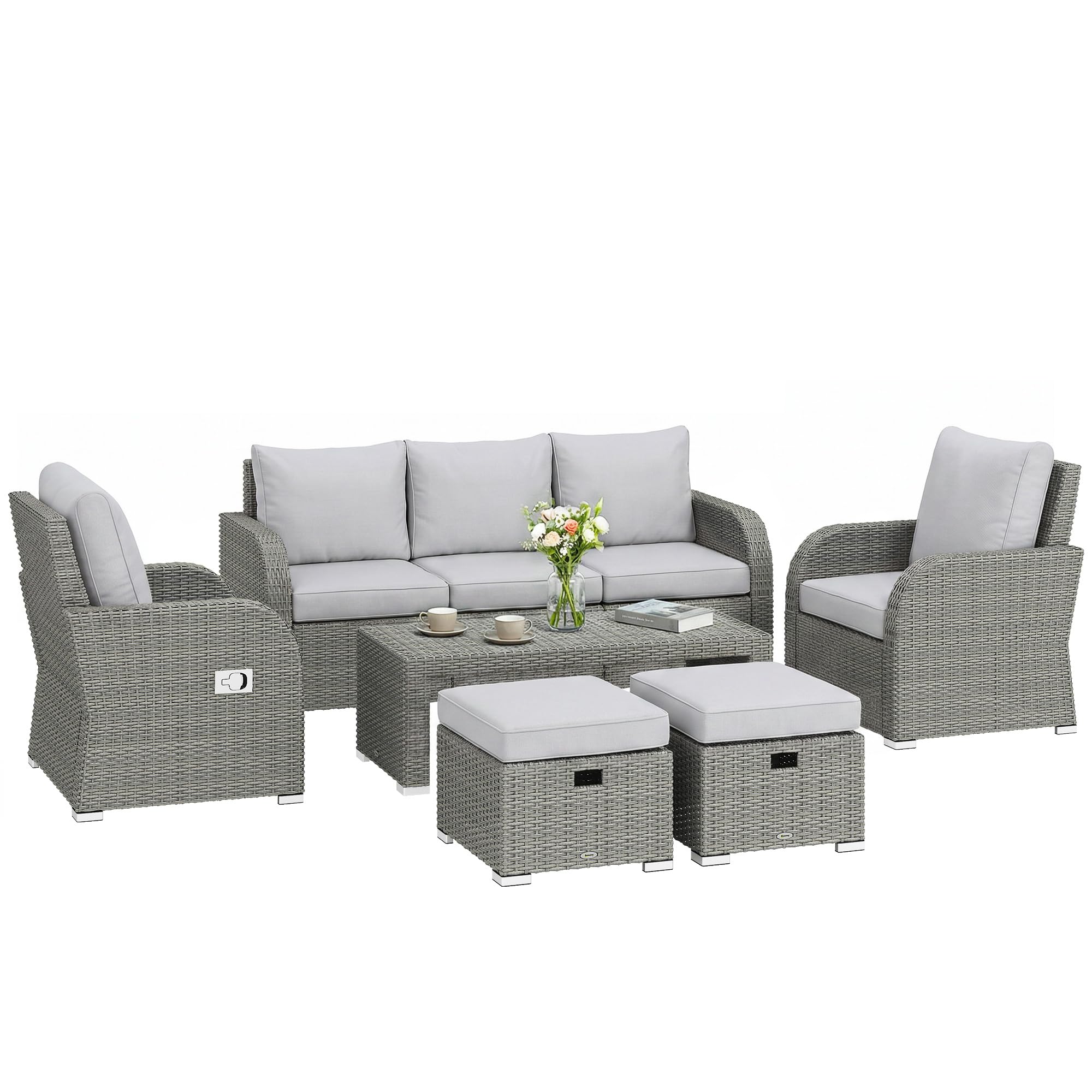Outsunny 7 Seater Rattan Garden Furniture Set, 2 Reclining Chairs, 3 Seater Sofa, Coffee Table, Footstools, Space-Saving 6 Piece Outdoor Patio Furniture Conversation Set with Cushions, Light Grey