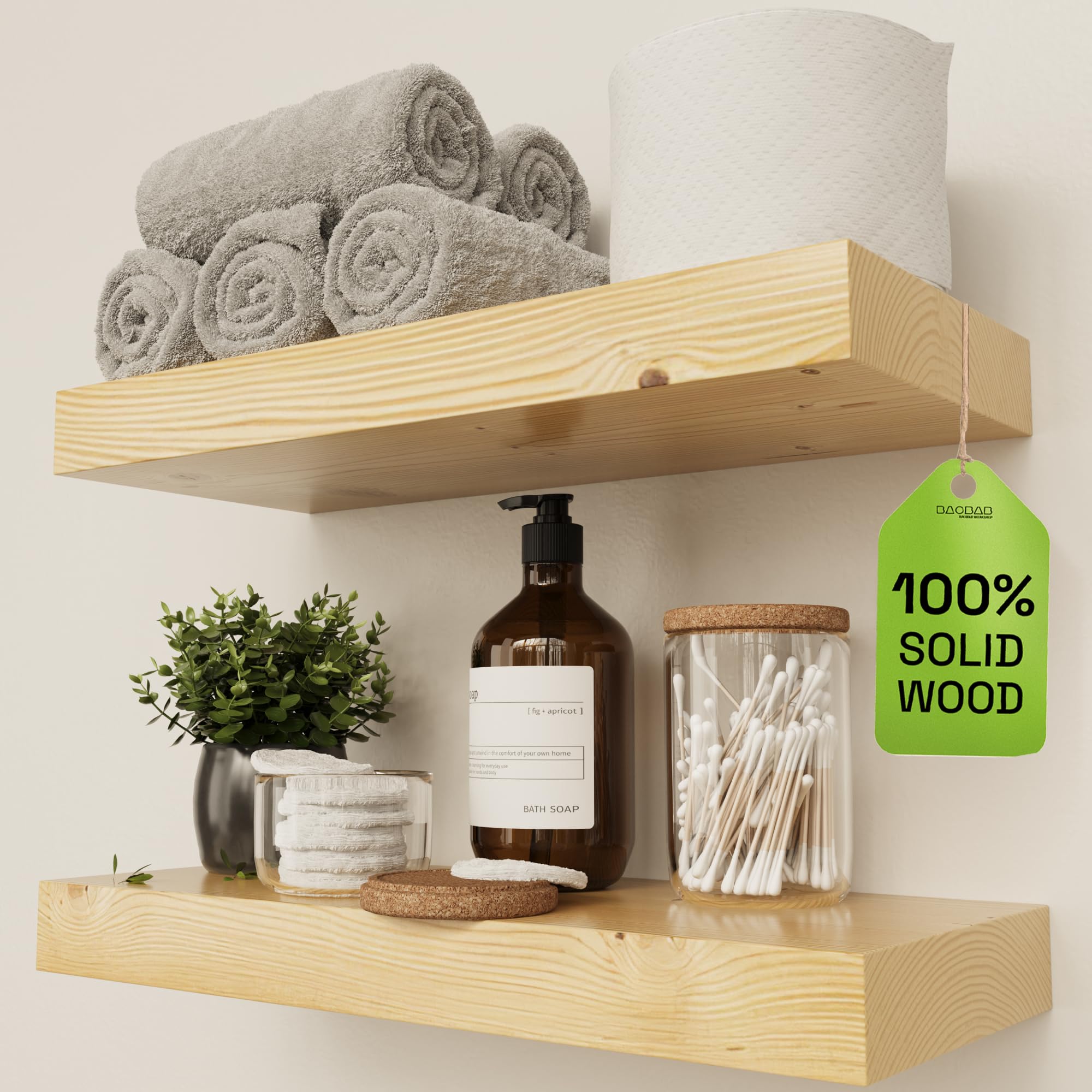 BAOBAB WORKSHOP Wood Floating Shelves for Wall Mounted, 16 inch Walnut Floating Shelf for Bathroom, Solid Wooden Wall Shelves for Kitchen Bedroom Farmhouse, Walnut Finish, 16 x 6.7, Set of 2