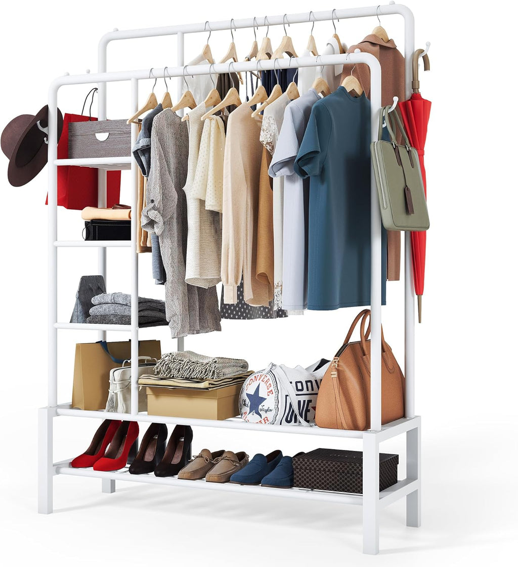 Klass Home Collection Heavy Duty Clothes Rail, 120KG White Metal Rack With Double Hanging Clothing Rail, Shoe Rack, Storage Shelves & 4 Coat Hooks, Wardrobe Clothes Rails For Bedroom Office Shop