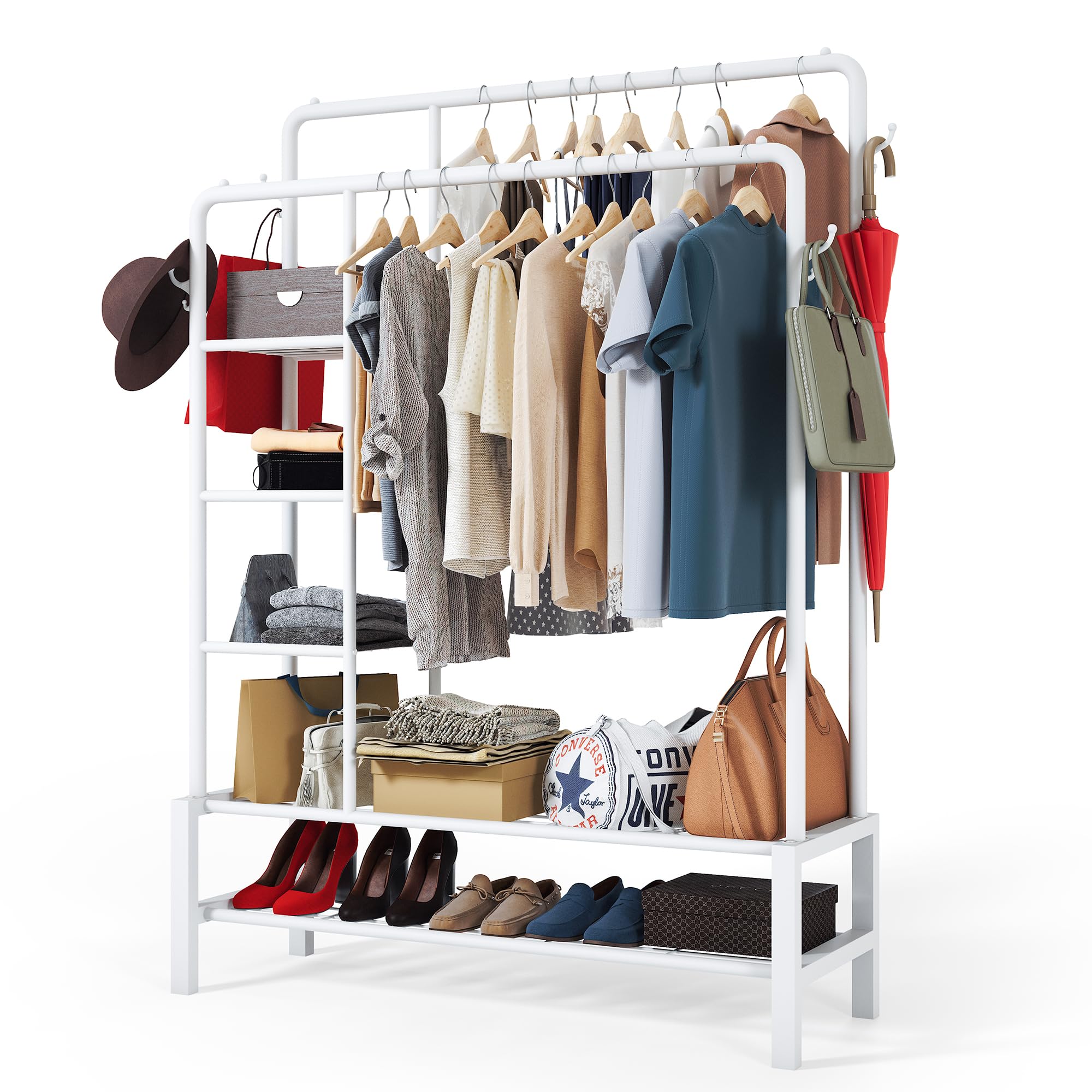 Klass Home Collection Heavy Duty Clothes Rail, 120KG Black Metal Rack With Double Hanging Clothing Rail, Shoe Rack, Storage Shelves & 4 Coat Hooks, Wardrobe Clothes Rails For Bedroom Office Shop