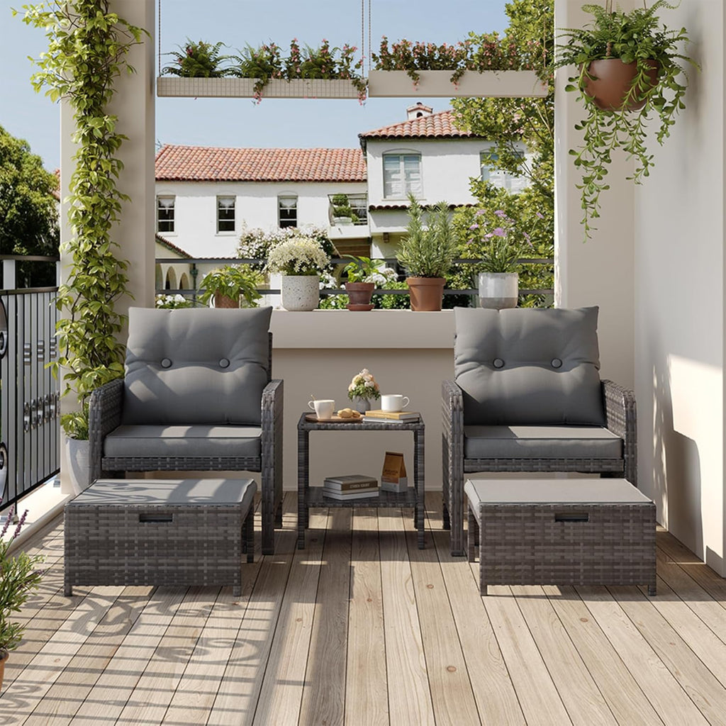 5-Piece Grey PE Rattan Patio Set with Ottomans, Coffee Table & Thick Cushions for Garden Balcony