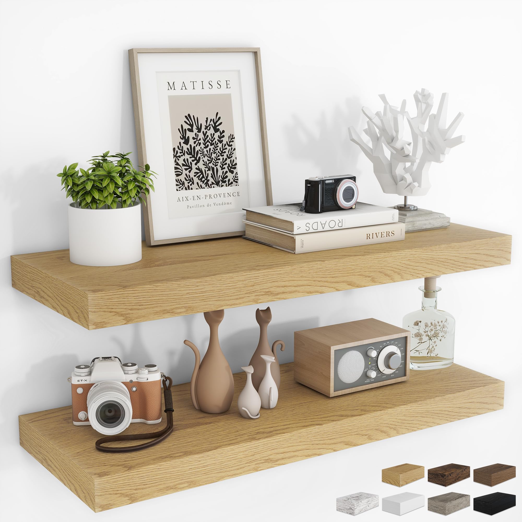 RICHFOCUS 24Inch Floating Shelves for Wall 2 Pack Shelves for Bedroom|Kitchen|Bathroom Wall Mounted Rustic Wood Floating Shelf with Invisible Brackets for Books|Storage|Decor, Oak