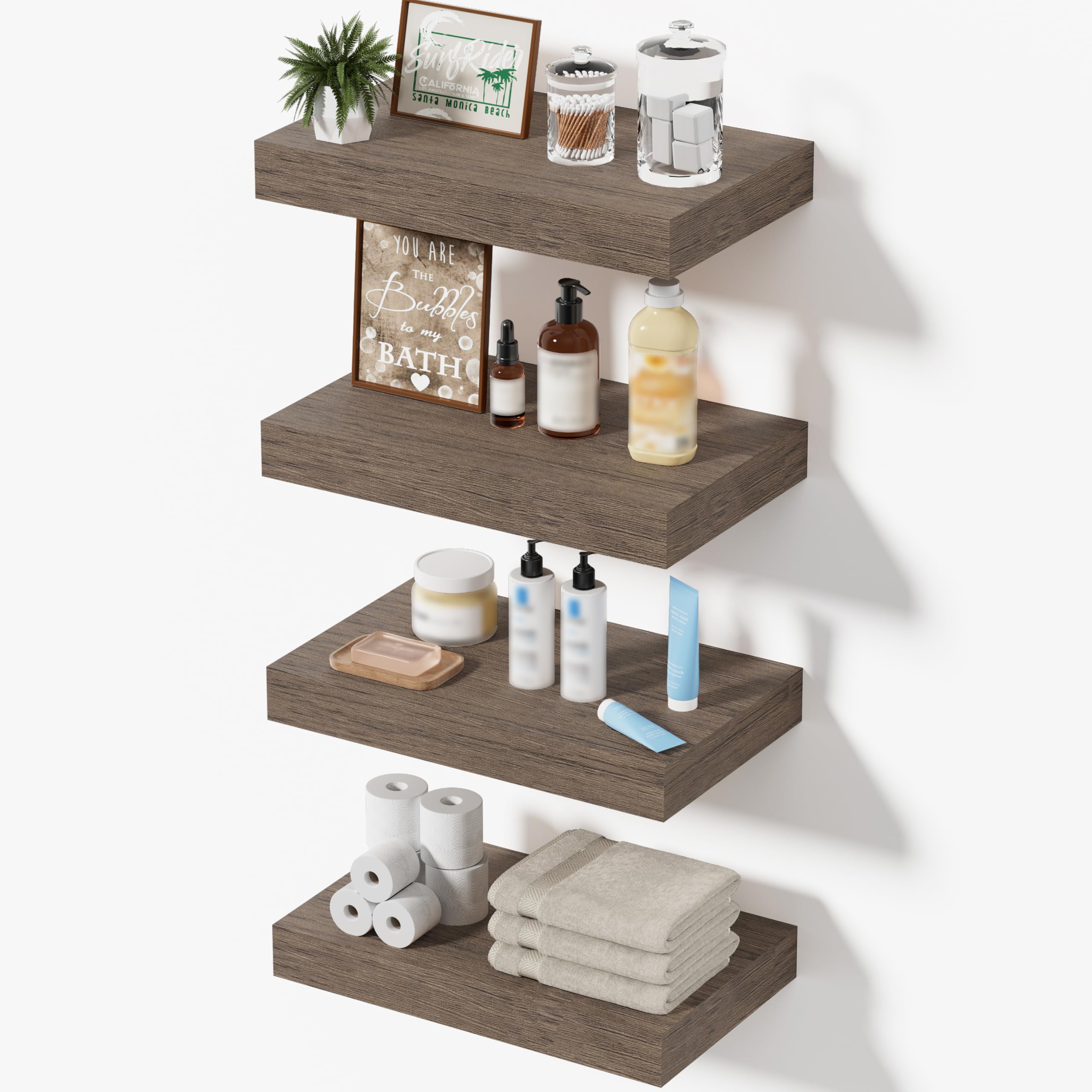 Oak Floating Shelves for Bathroom & Living Room Decor, 24 Inch Rustic Wood Wall Mounted Shelves for Plants, Books, Towels & Storage Display, Set of 2