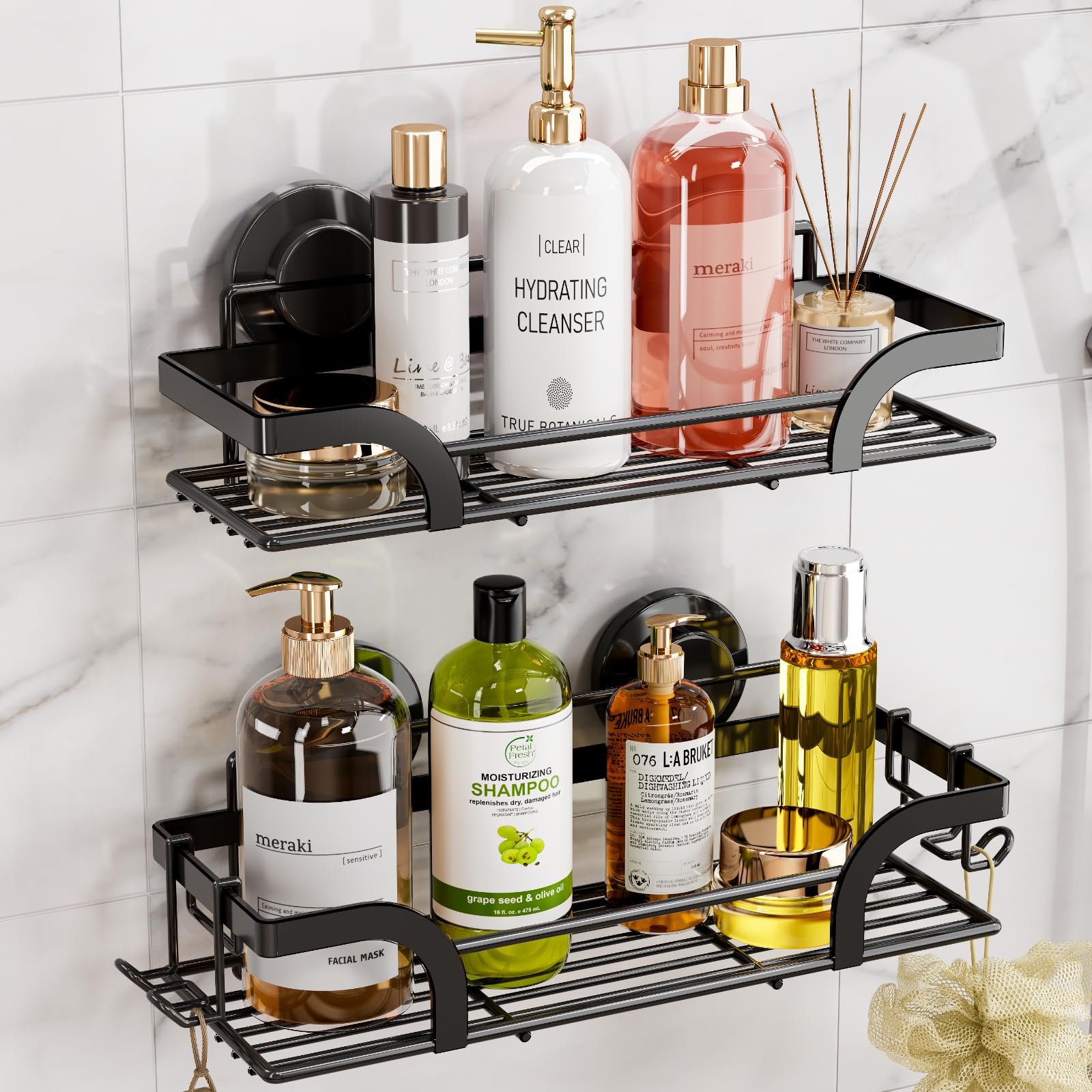 LEVERLOC Shower Caddy Suction Cup, 2 Pack Shower Shelves for Inside Shower with Hooks & Soap Holder, NO-Drilling Bathroom Shower Organizer, Rustproof Meatl Shower Holder Storage, Silver