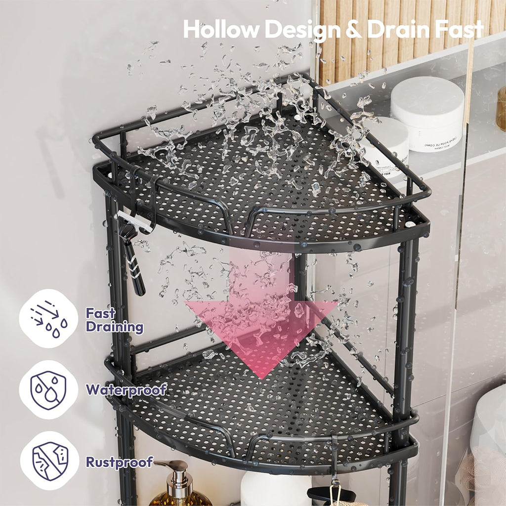 SWTYMIKI Corner Shower Caddy - 4 Tier Bathroom Shelf Organizer With 4 Hooks, Rust Free Standing With Soap Holder, Rack for Inside Bathroom Storage, Black