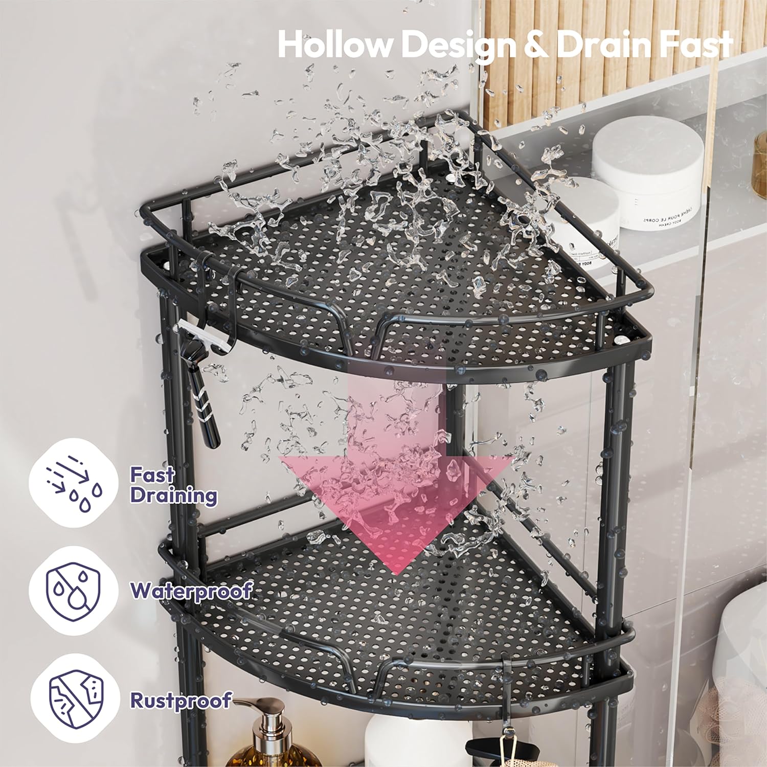 SWTYMIKI Corner Shower Caddy - 4 Tier Bathroom Shelf Organizer With 4 Hooks, Rust Free Standing With Soap Holder, Rack for Inside Bathroom Storage, Black