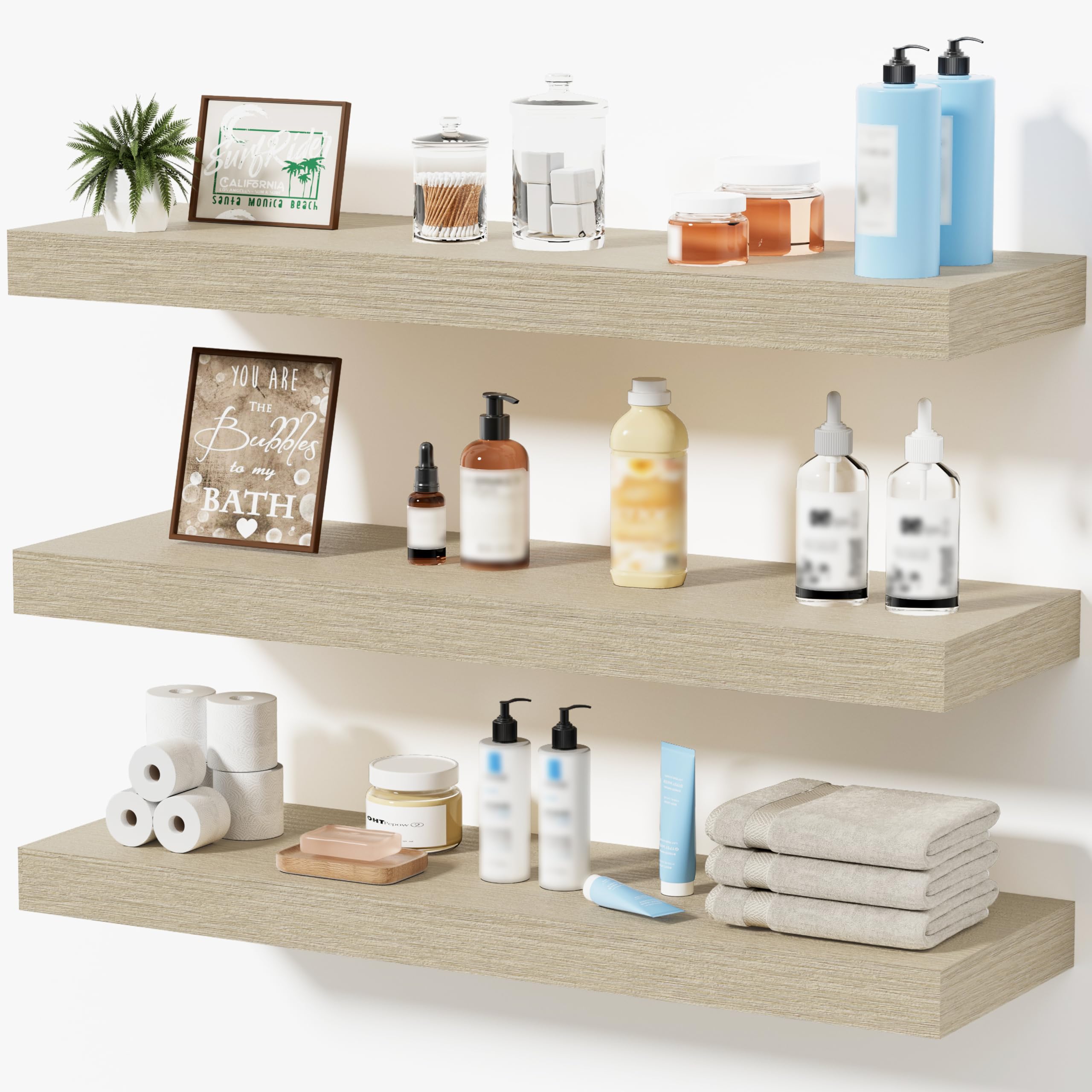 Oak Floating Shelves for Bathroom & Living Room Decor, 24 Inch Rustic Wood Wall Mounted Shelves for Plants, Books, Towels & Storage Display, Set of 2