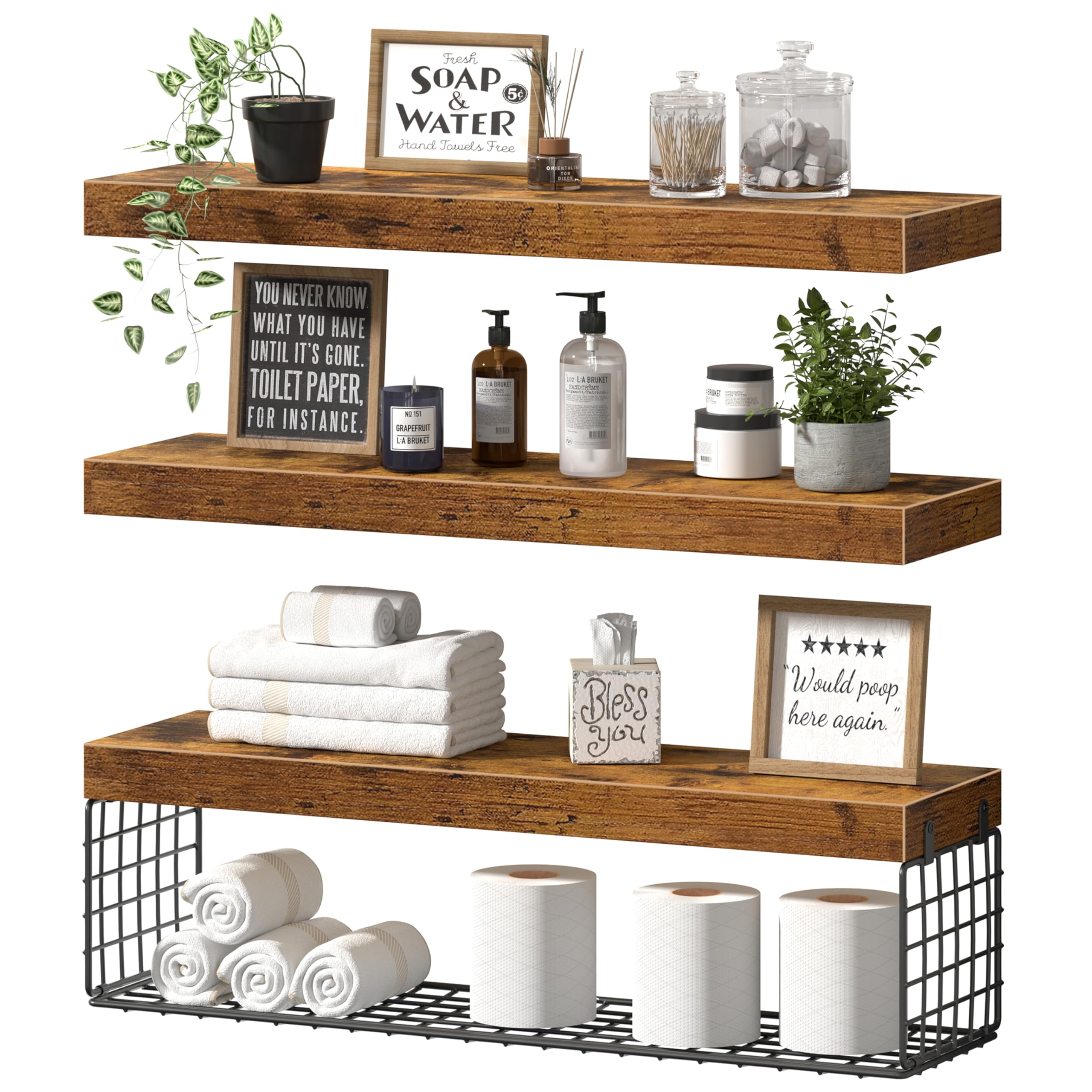 QEEIG Bathroom Shelves 24 inches Long - Floating Shelf for Wall Over Toilet Paper Storage Basket Farmhouse Set of 3, Black (019-60B3)