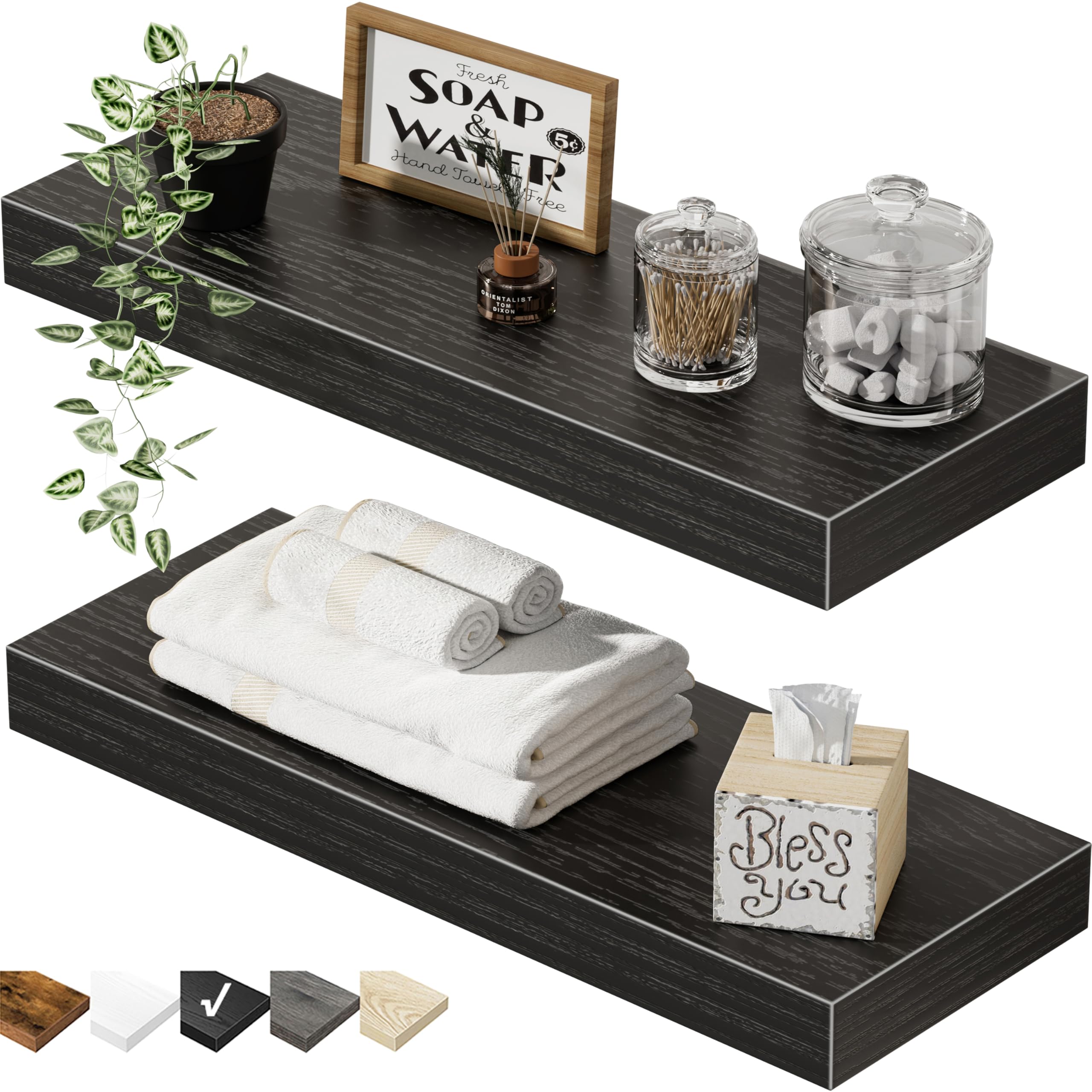 QEEIG Floating Shelves for Wall 23.6" Long - Wall Mounted Shelf Bathroom Kitchen Living Room Bedroom Farmhouse Home Decor Display Bookshelf Set of 2, Rustic Brown (008-60BN)
