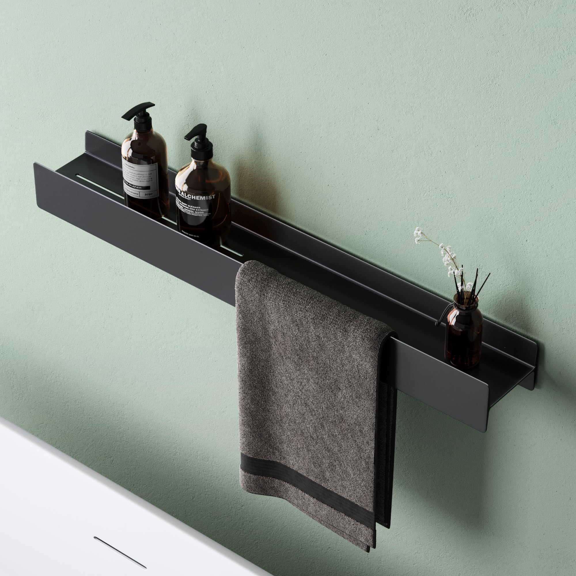 Mai & Mai Shower Caddy No Drill, Bathroom Storage Shelf with Screw Mounting and Optional Adhesive Installation, 60cm Wall Mounted Shower Shelf with Towel Hanging Space, Reglo-03, Matte Black