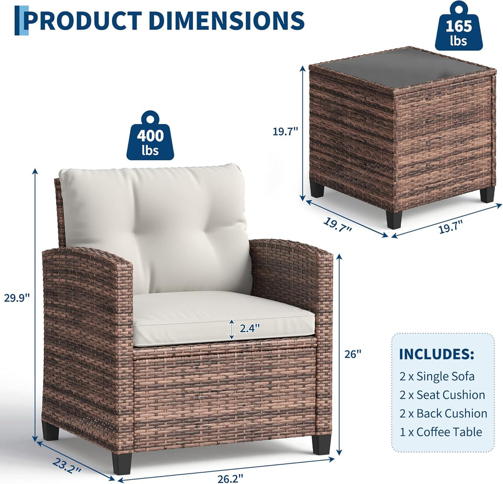 Garvee 3 Pieces Rattan Bistro Set, Wicker Garden Furniture Set with Coffee Table and 2 Chairs, Washable Cushions, Water Resistant, Outdoor Table & Chair Set for Outdoor Backyard, Patio, Balcony, Brown