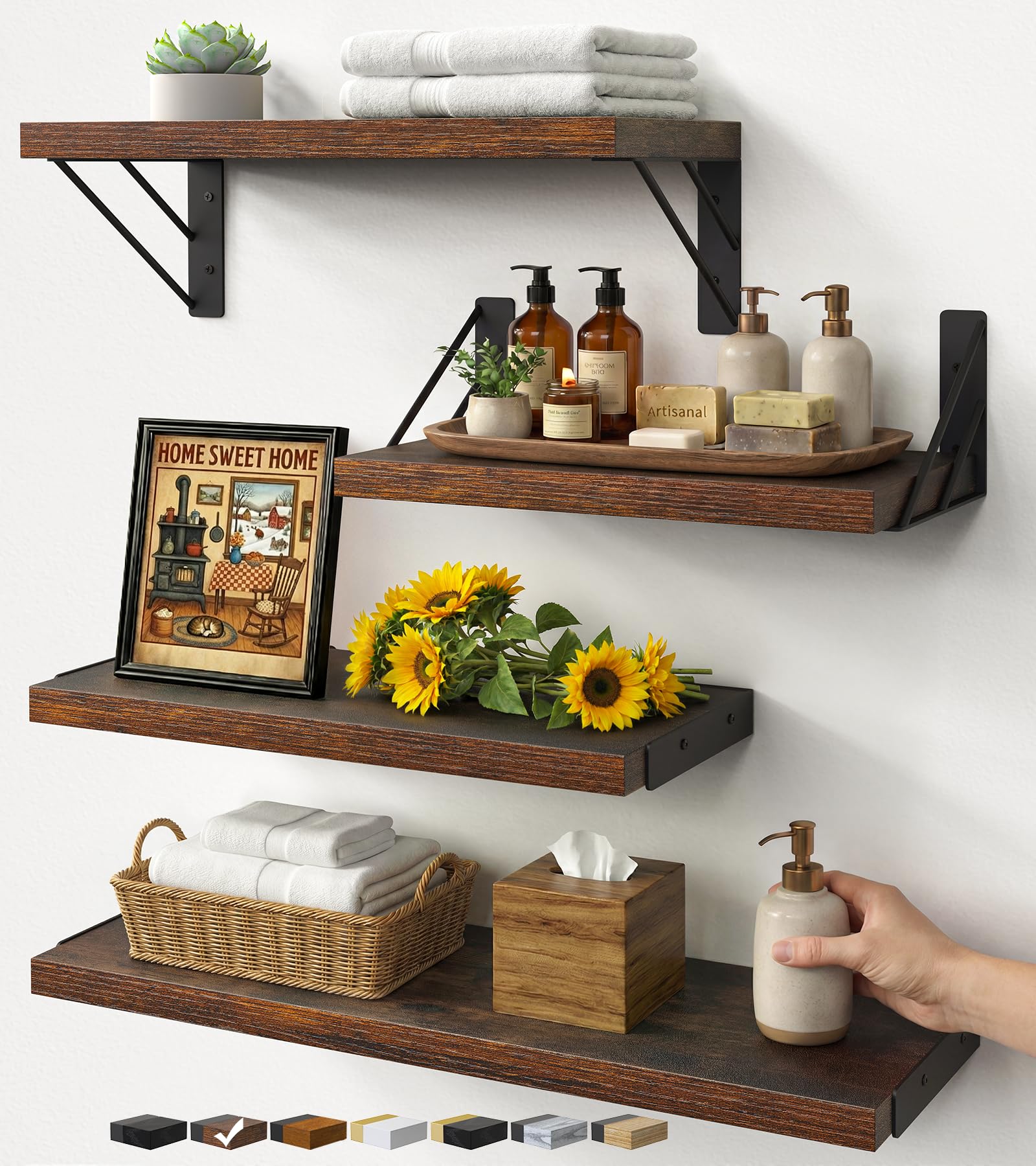 23in Rustic Brown Floating Shelves, Set of 4 Wall Mount Wood Shelves for Bedroom Bathroom Kitchen