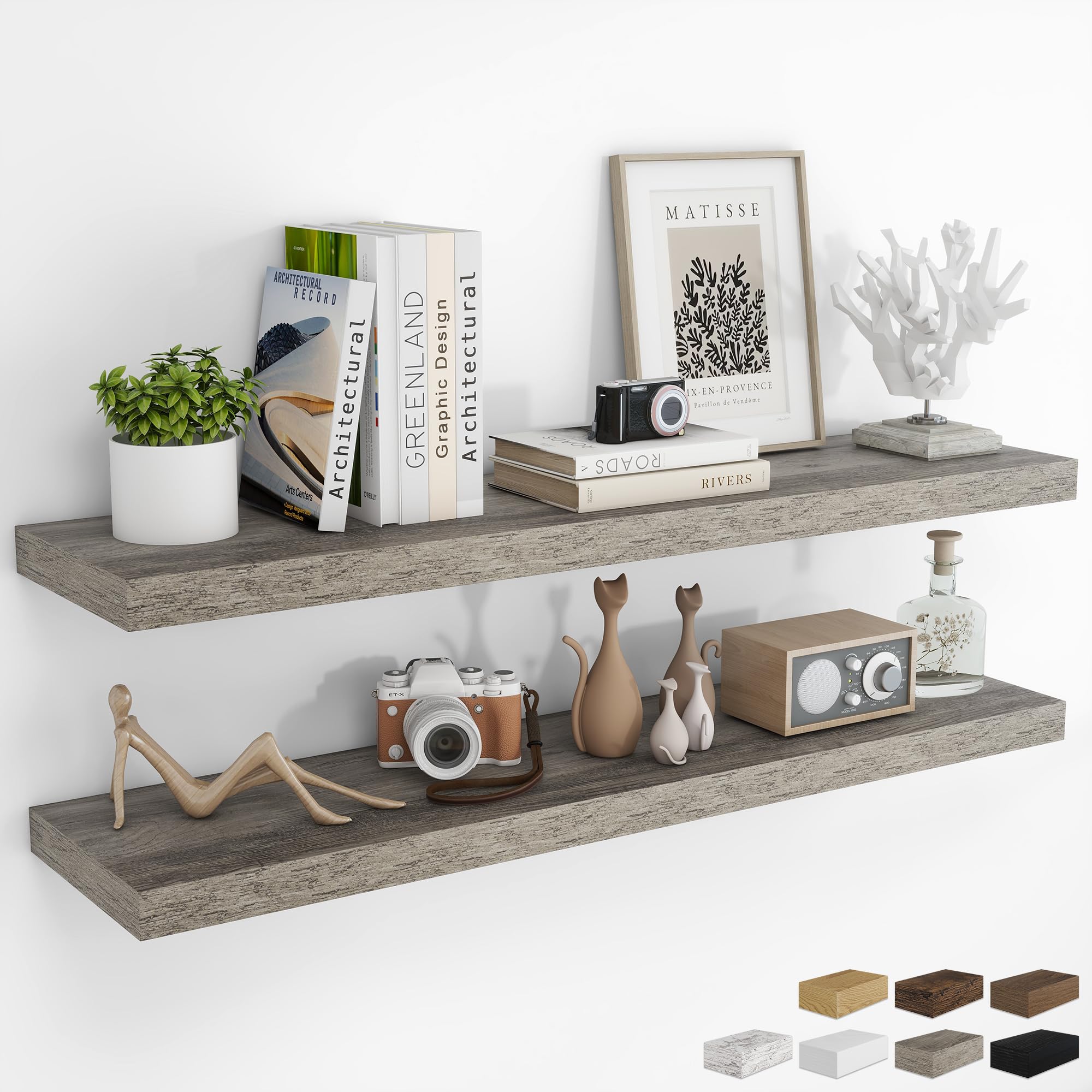 RICHFOCUS 24Inch Floating Shelves for Wall 2 Pack Shelves for Bedroom|Kitchen|Bathroom Wall Mounted Rustic Wood Floating Shelf with Invisible Brackets for Books|Storage|Decor, Oak